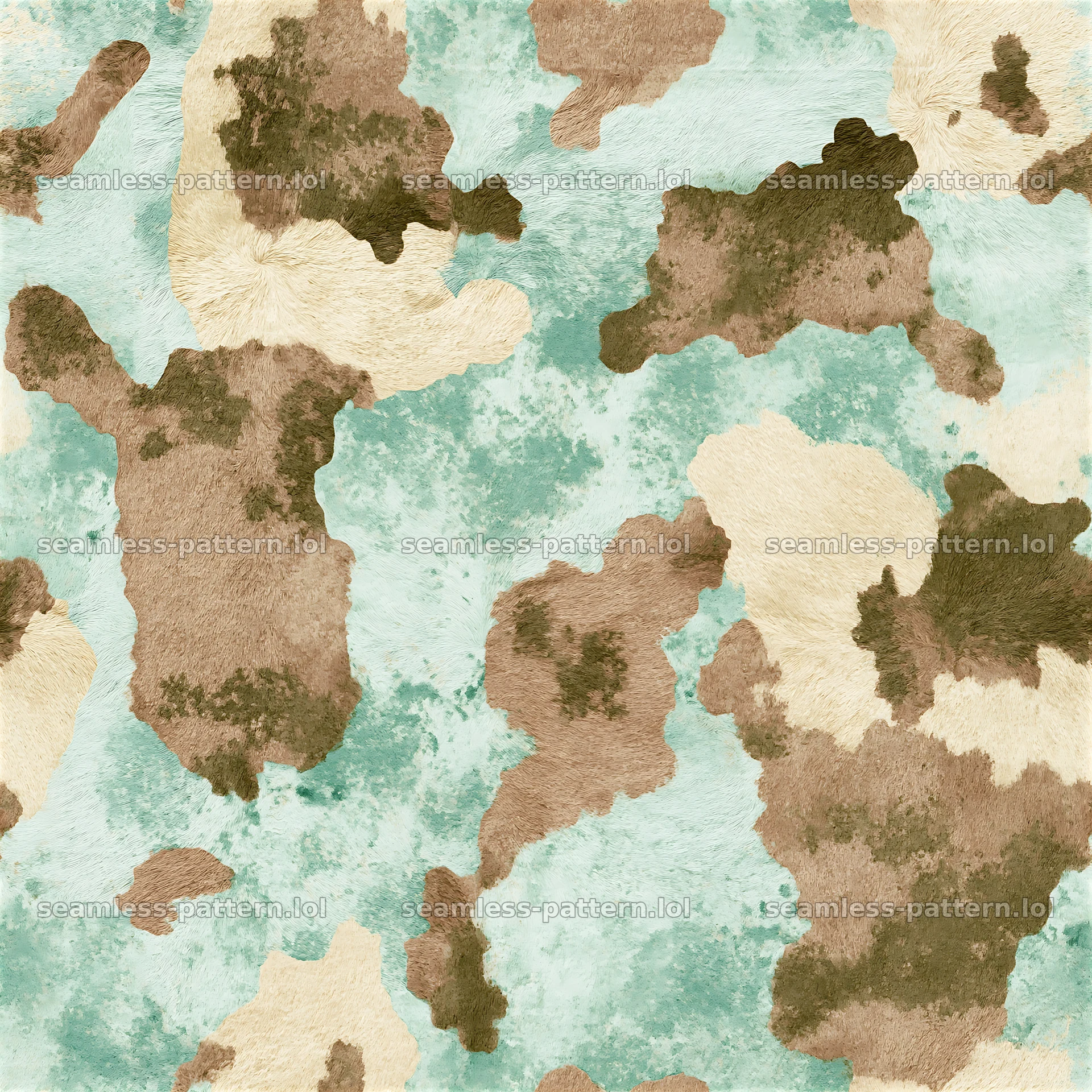 Seamless pastoral cowhide texture with varying shades of brown and green — seamless tileable pattern at 8192x8192