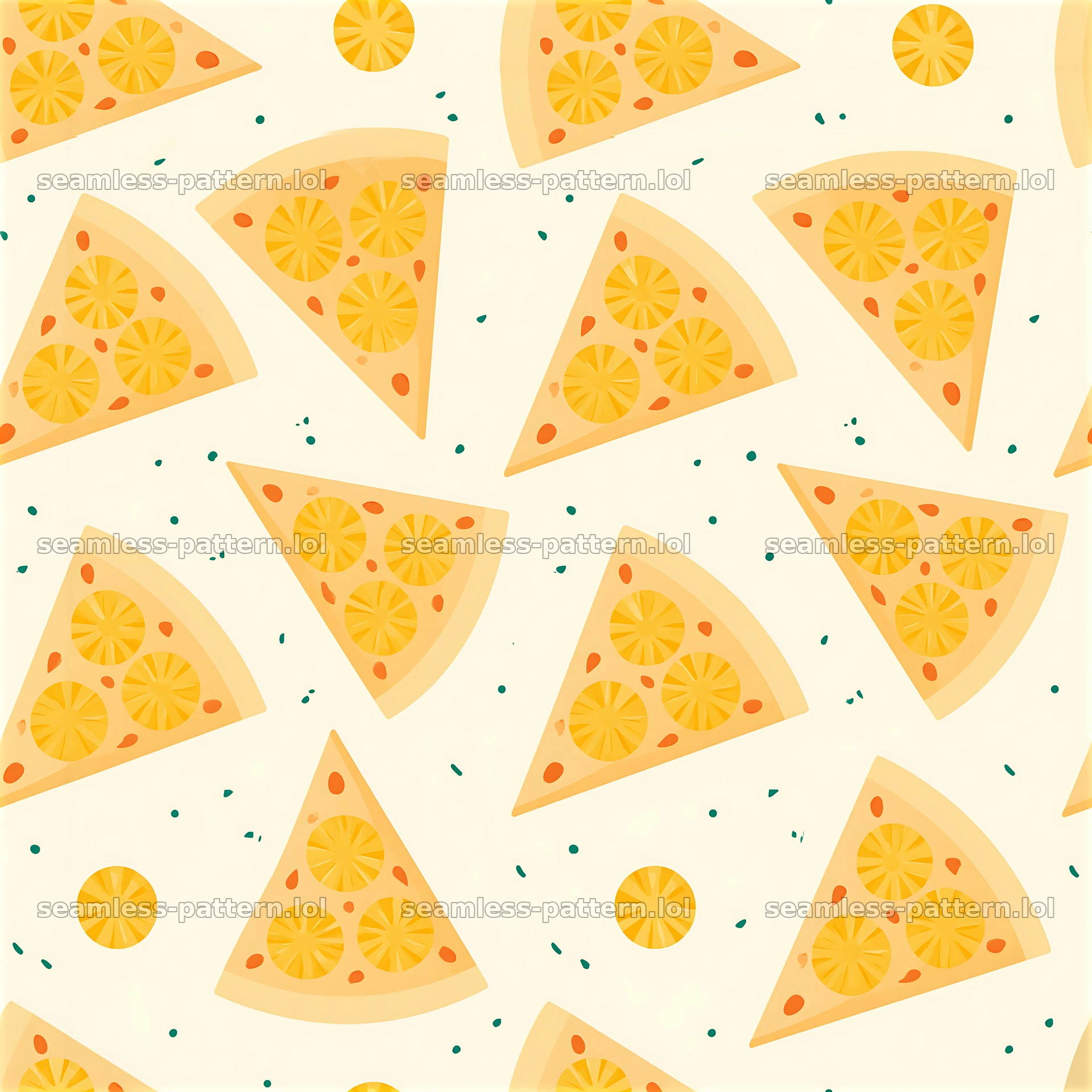 Seamless pineapple pizza pattern with slices and toppings in light colors — seamless tileable pattern at 8192x8192