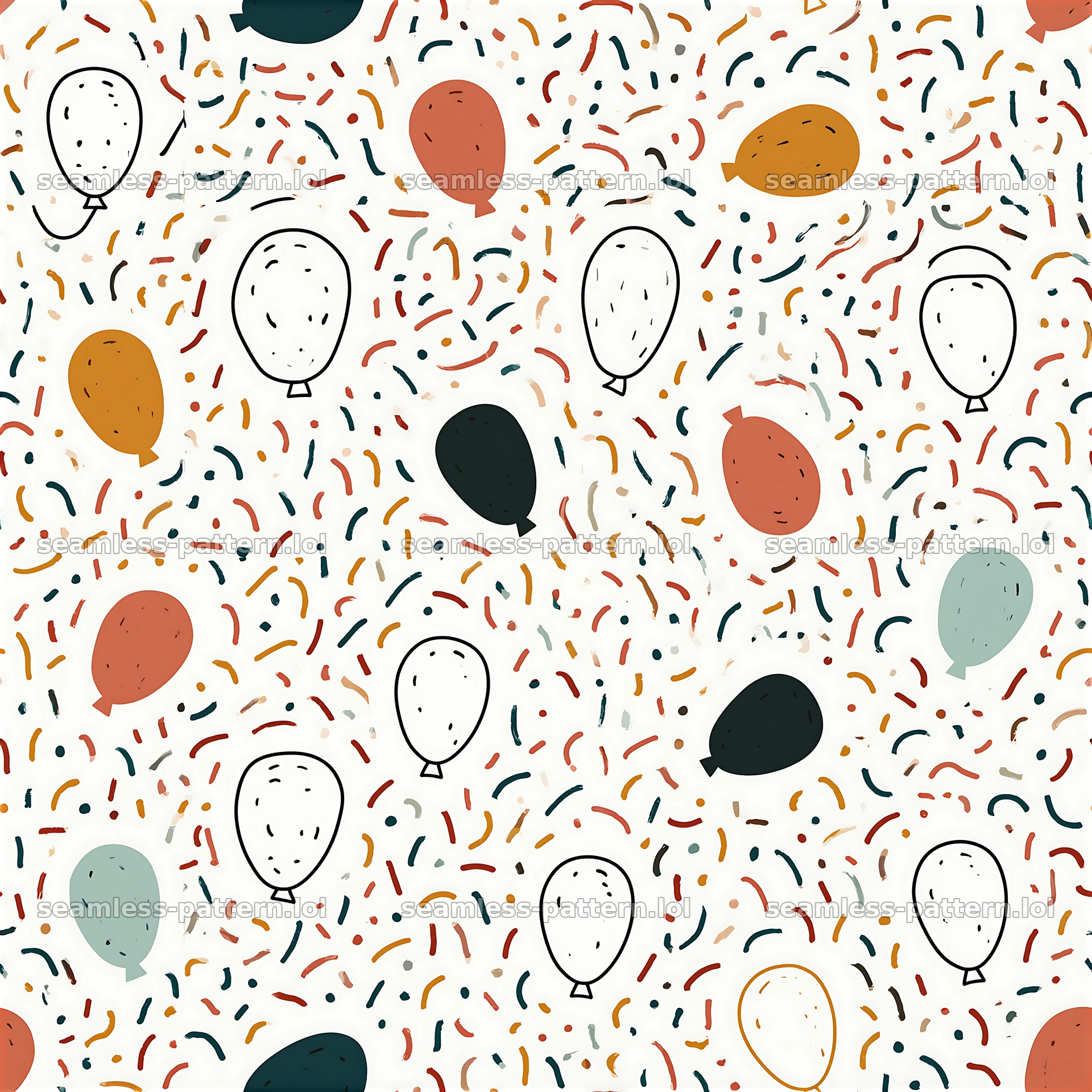 Seamless pattern of balloons and dense confetti — seamless tileable pattern at 8192x8192