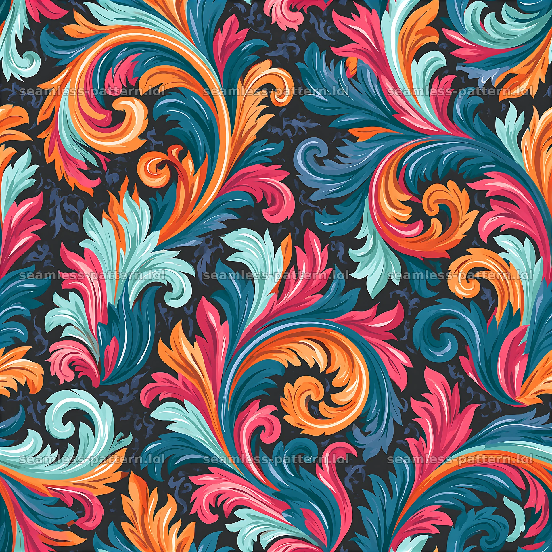 Colorful damask seamless pattern with swirling motifs in bright colors — seamless tileable pattern at 8192x8192