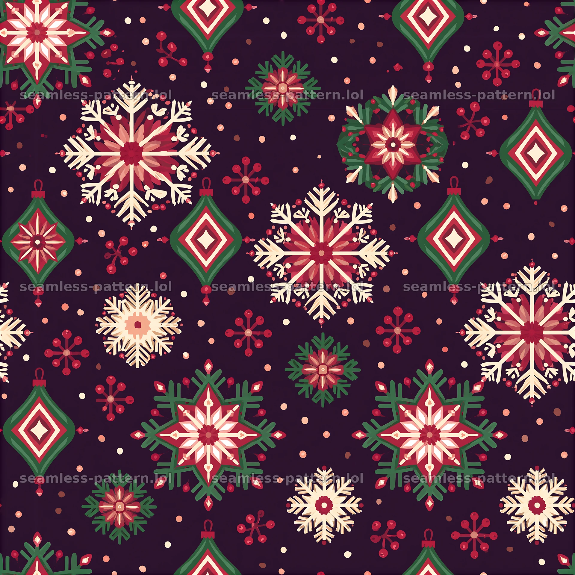 Repeating Christmas wrapping paper pattern with snowflakes and ornaments — seamless tileable pattern at 8192x8192