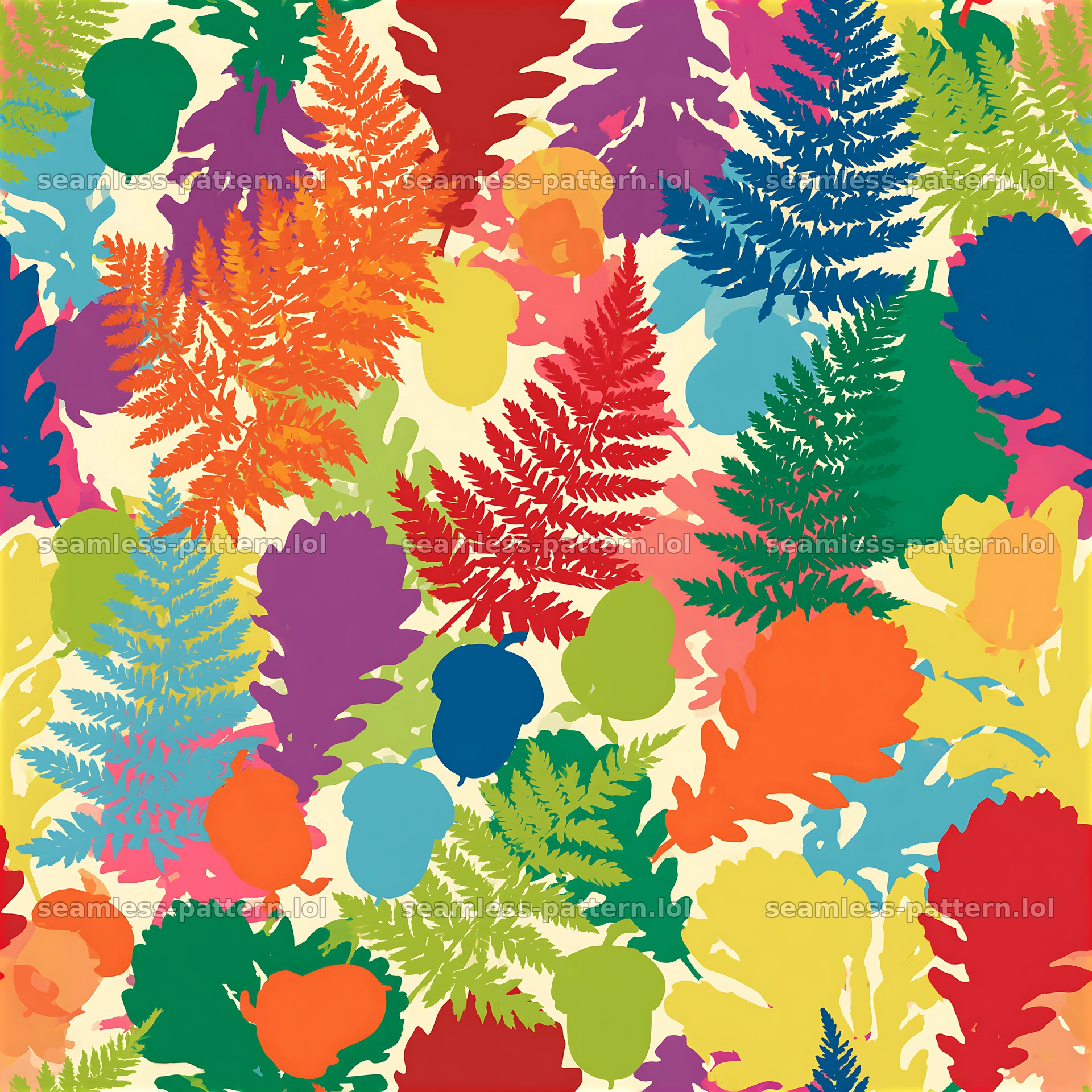 Rainbow woodland camouflage repeat pattern with colorful foliage — seamless tileable pattern at 8192x8192