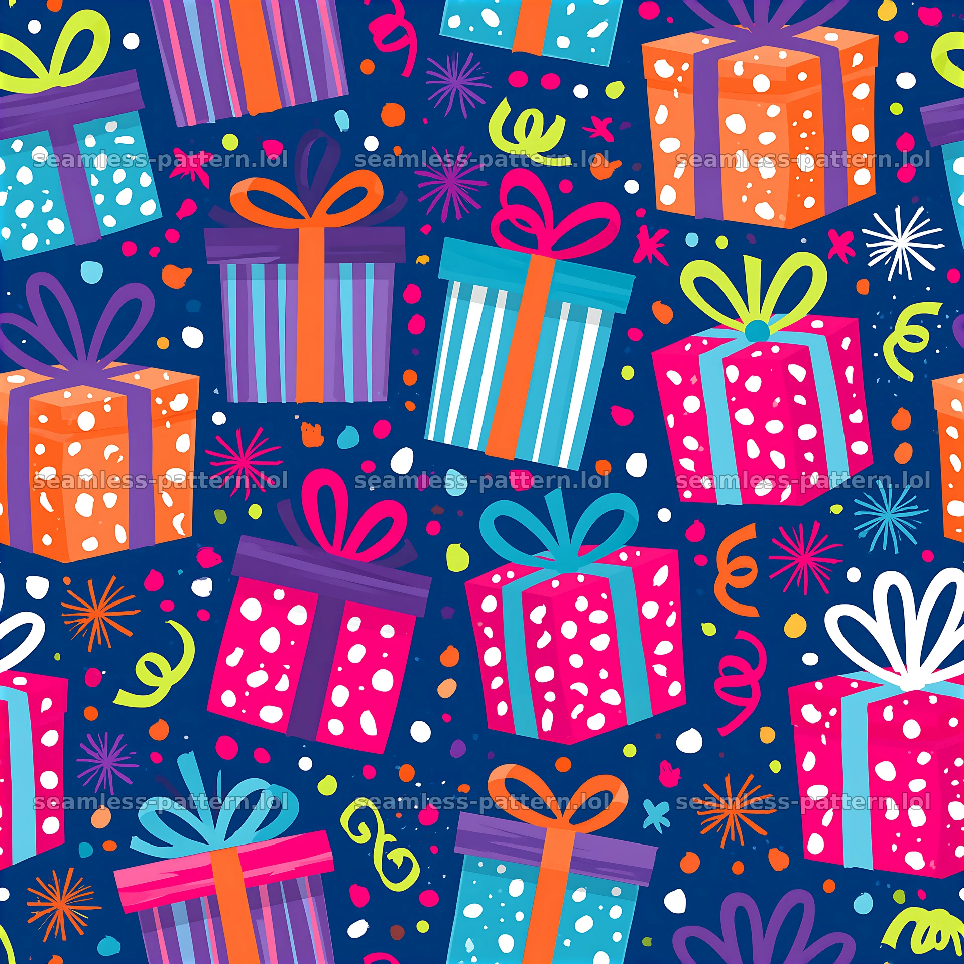 Repeating pattern with cheerful gift boxes in bright colors — seamless tileable pattern at 8192x8192