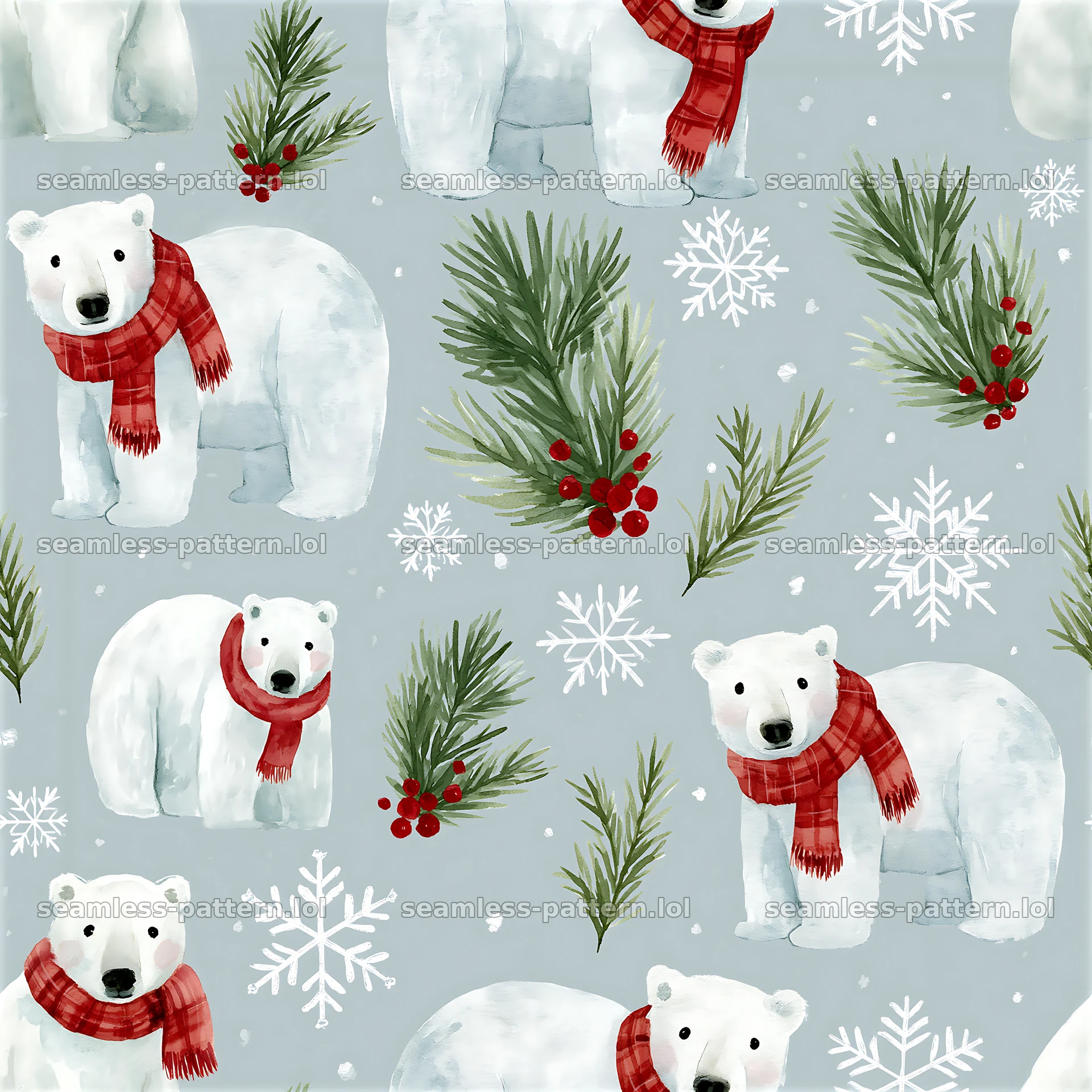 Seamless watercolor Christmas pattern features polar bears and pine — seamless tileable pattern at 8192x8192