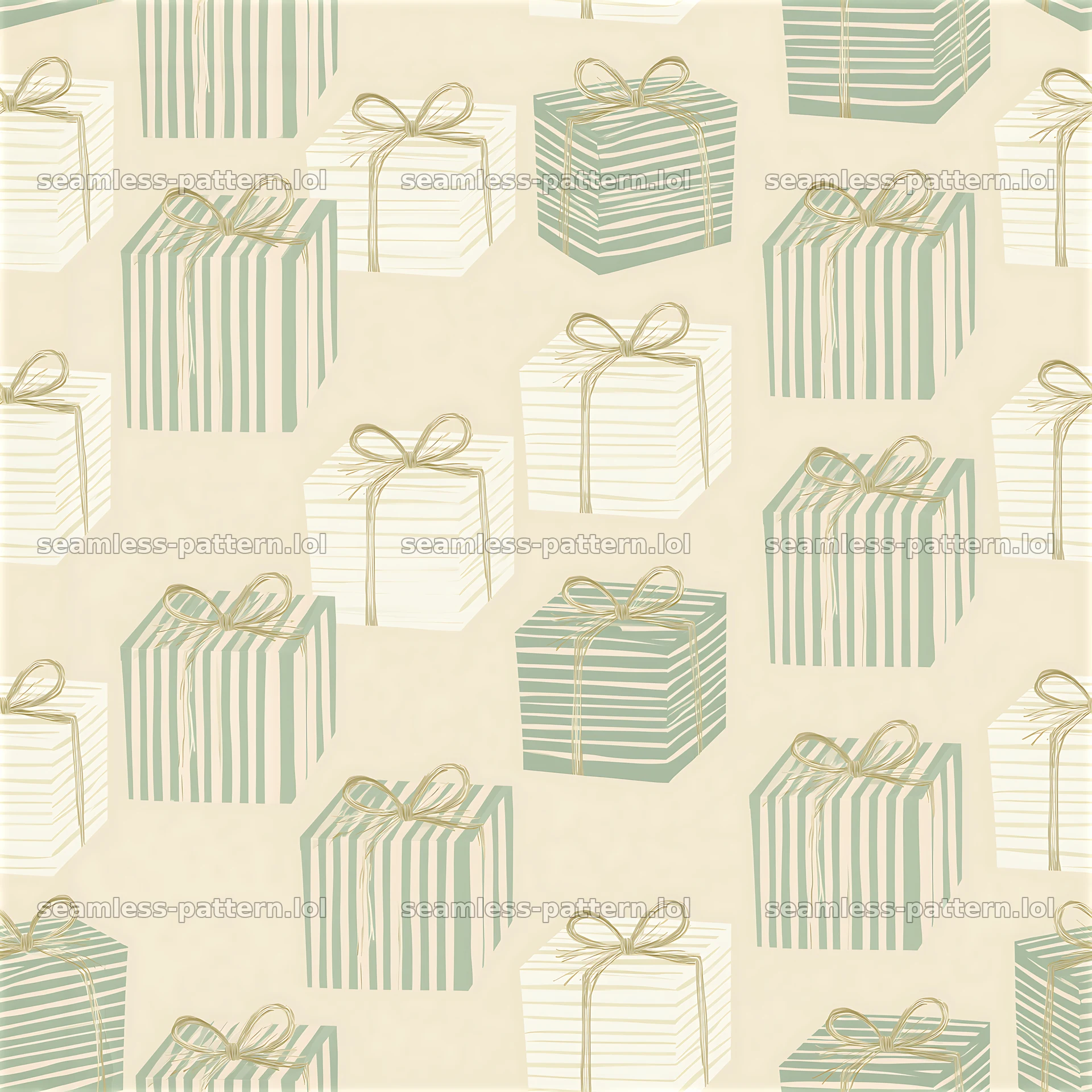 Seamless texture with striped gift boxes in soft colors on light background — seamless tileable pattern at 8192x8192