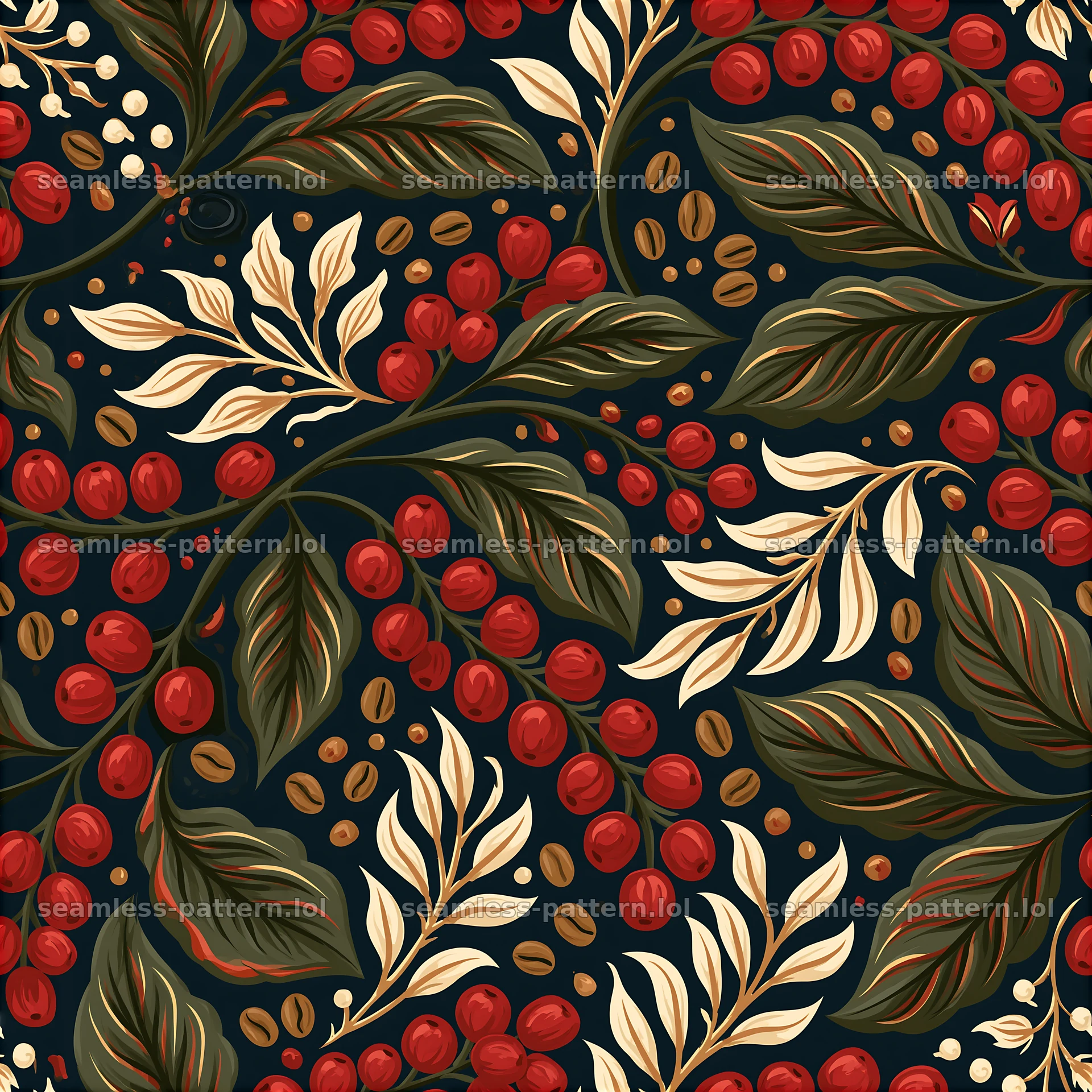 Pattern/seamless coffee packaging pattern with red berries and leaves — seamless tileable pattern at 8192x8192