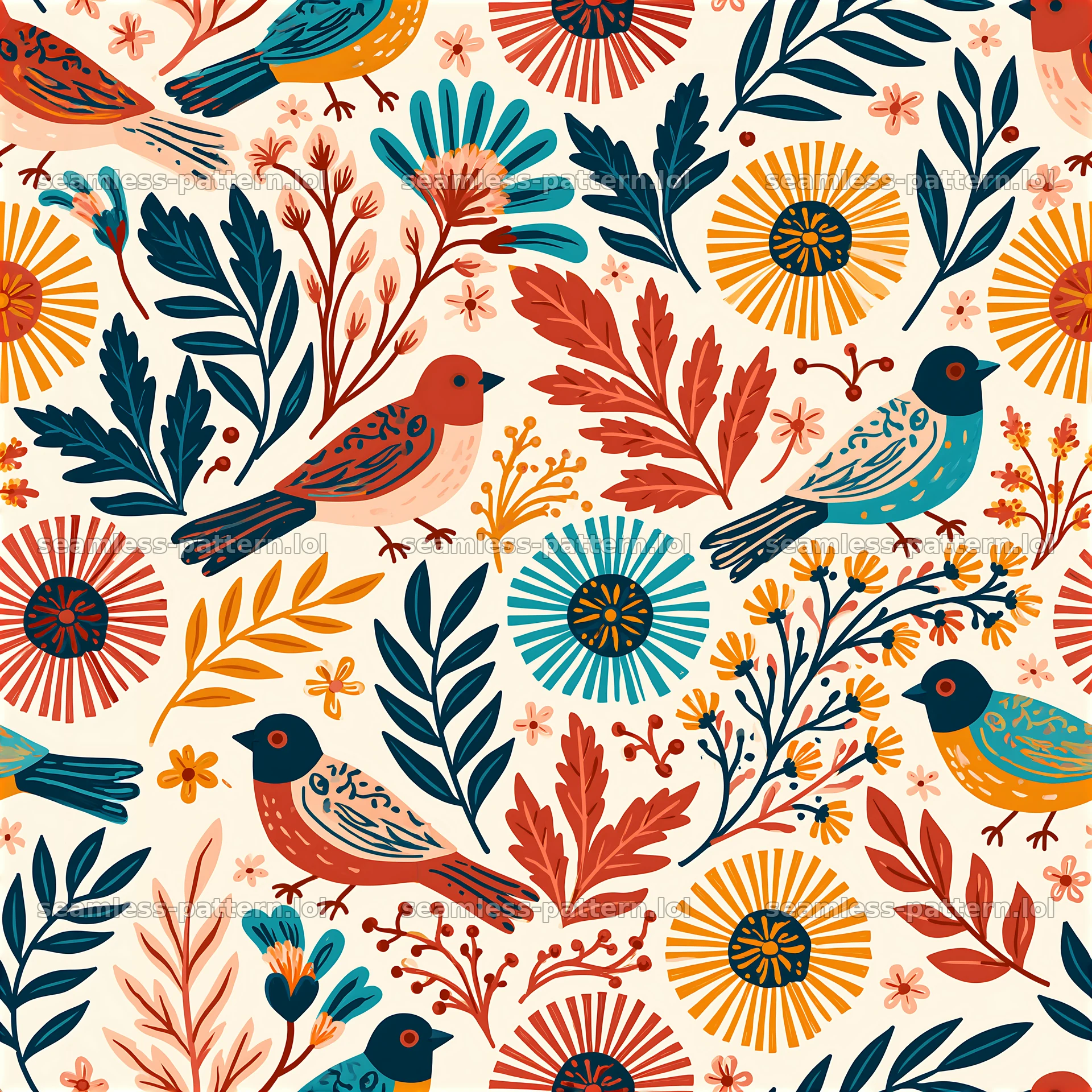 Colorful folk art seamless pattern with birds and flowers — seamless tileable pattern at 8192x8192