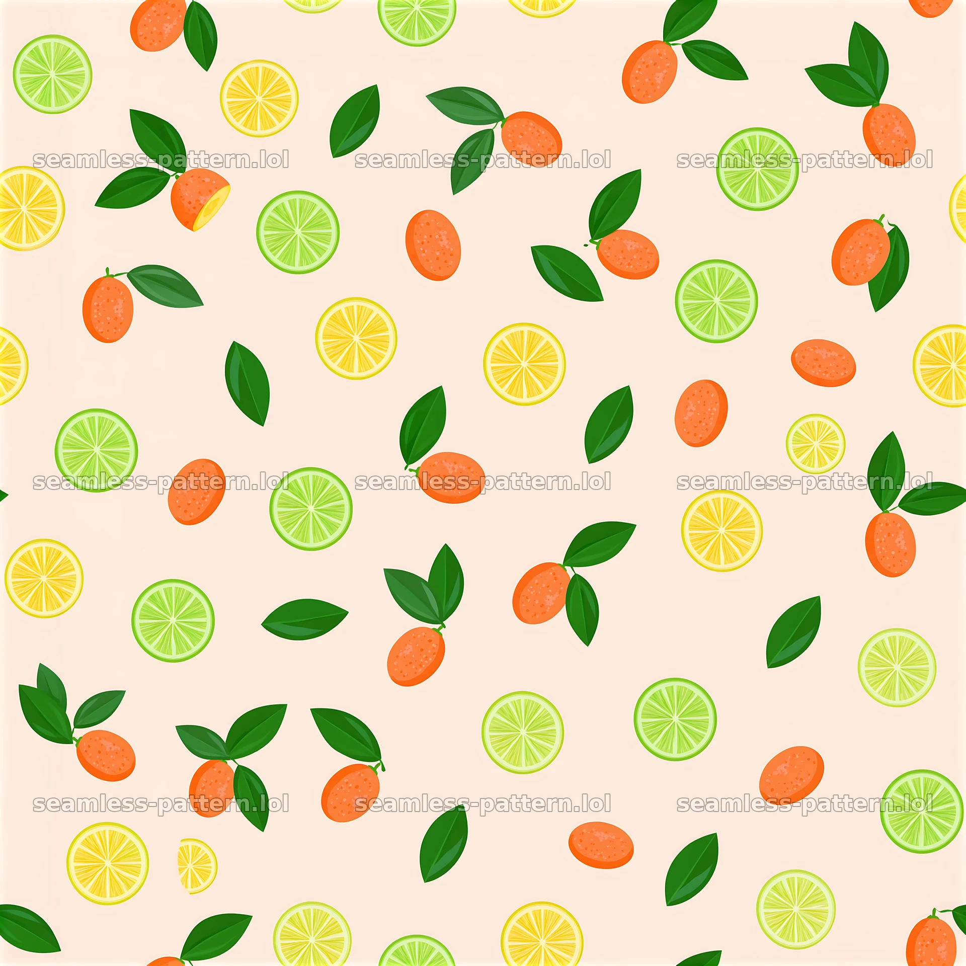 Colorful citrus seamless pattern features oranges, lemons, and limes — seamless tileable pattern at 8192x8192