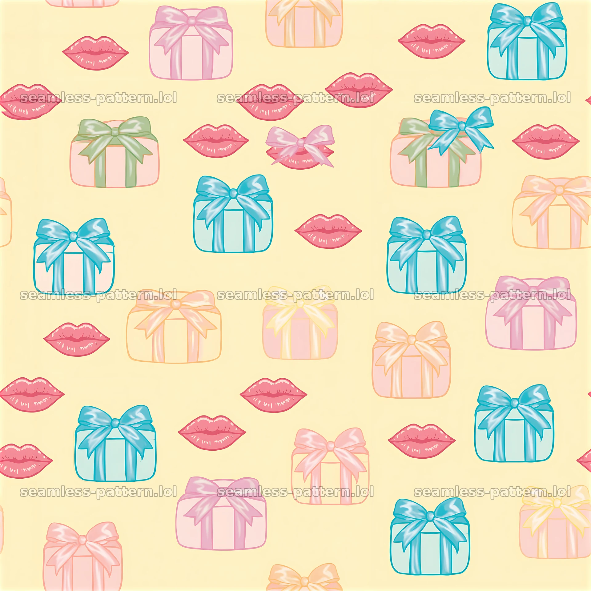 Repeating pattern of romantic lips and holiday presents on yellow background — seamless tileable pattern at 8192x8192