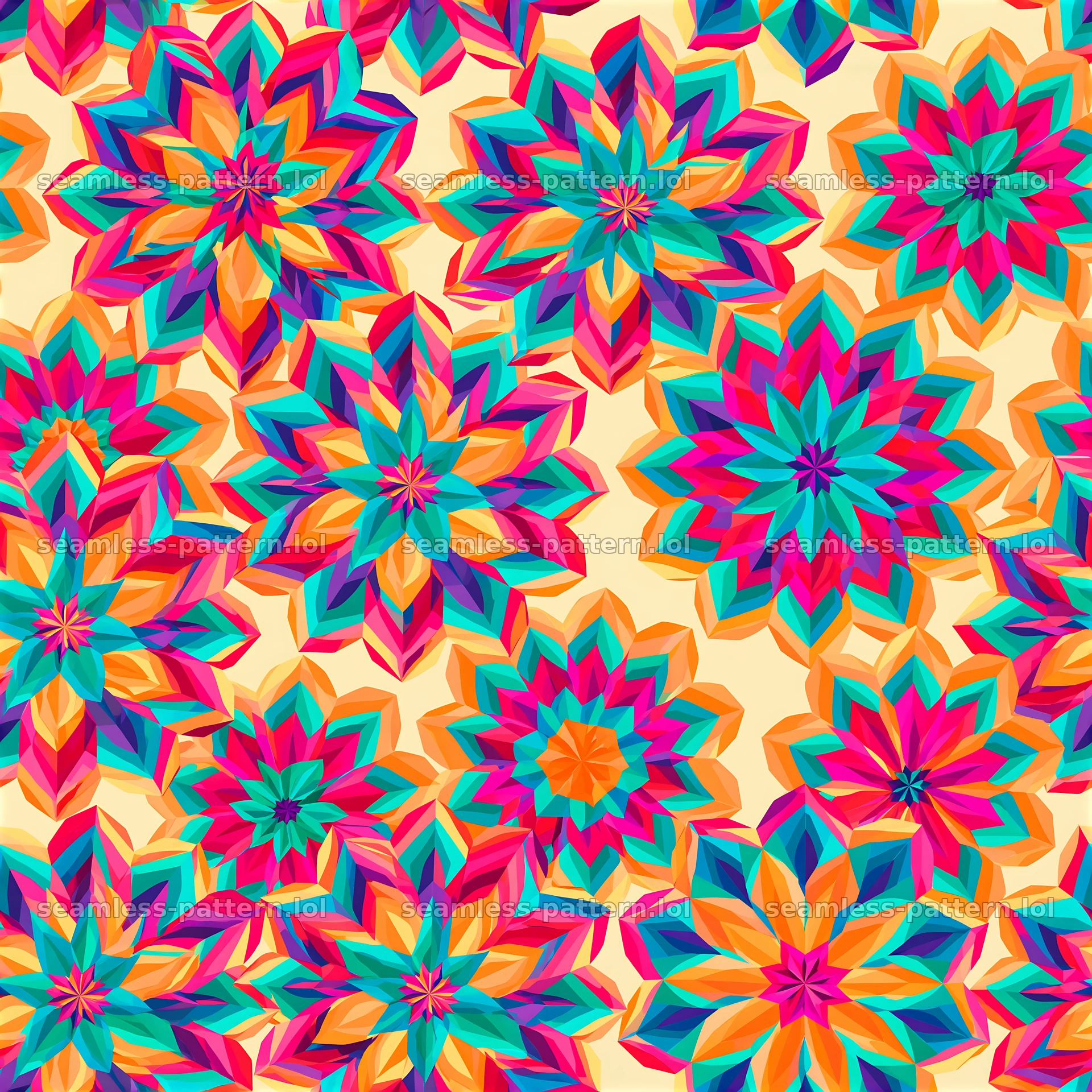 Vibrant geometric flower shapes seamless pattern in bright colors — seamless tileable pattern at 8192x8192