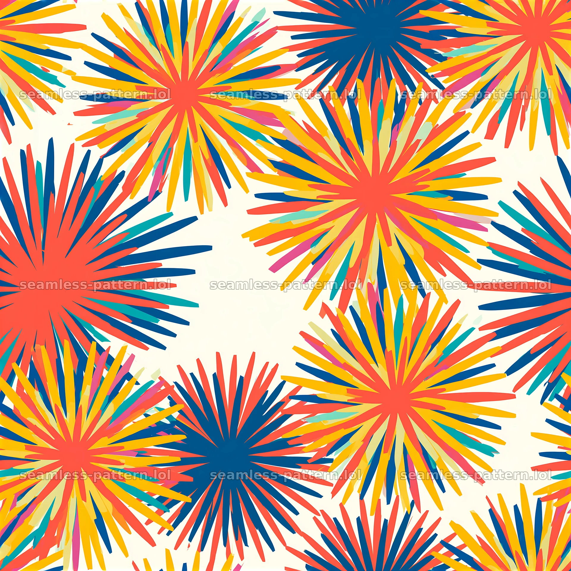 Vibrant abstract sunbursts seamless pattern with colorful designs — seamless tileable pattern at 8192x8192