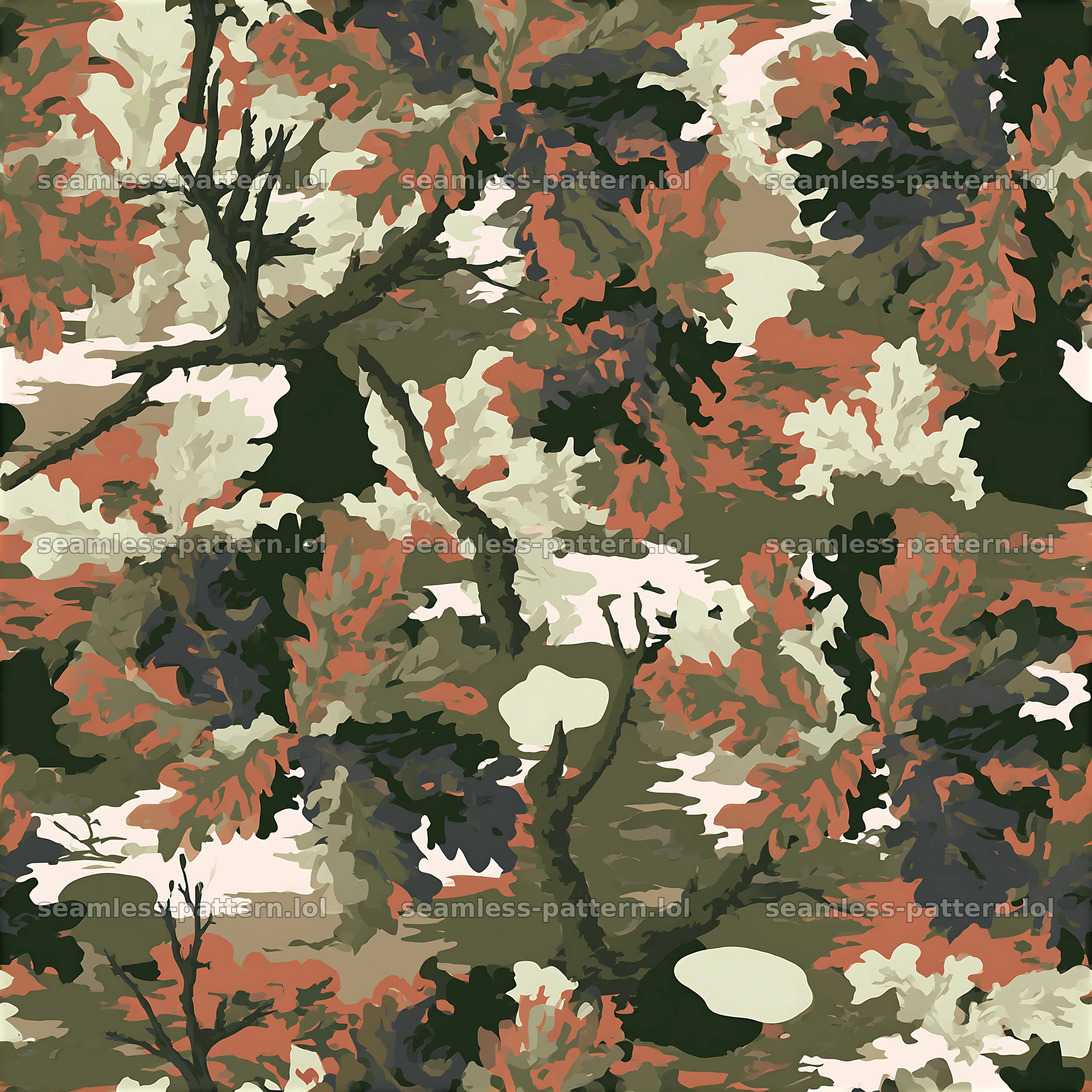 Seamless camouflage pattern with woodland leaves and branches — seamless tileable pattern at 8192x8192