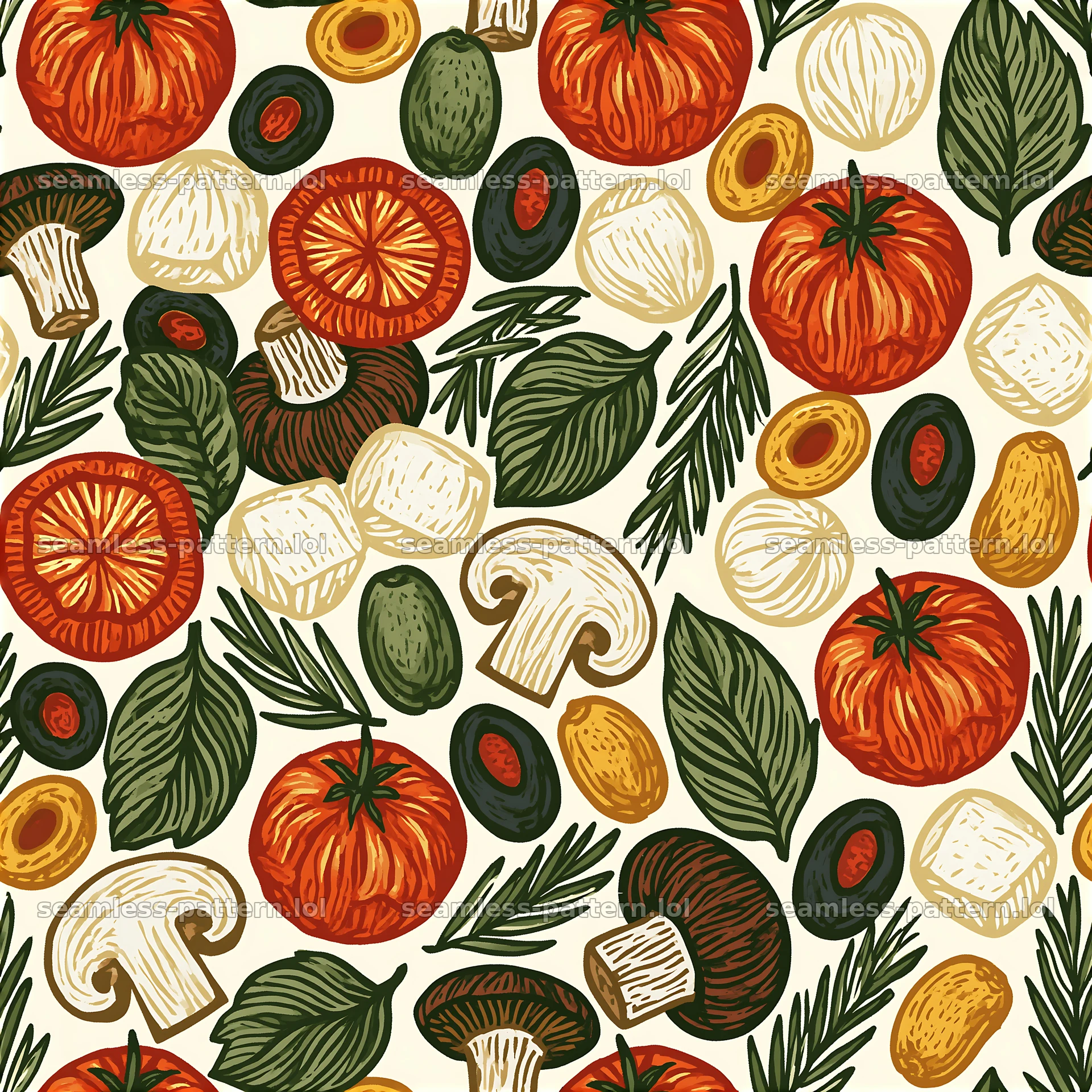 Pattern/seamless pizza ingredient pattern with tomatoes and mushrooms — seamless tileable pattern at 8192x8192