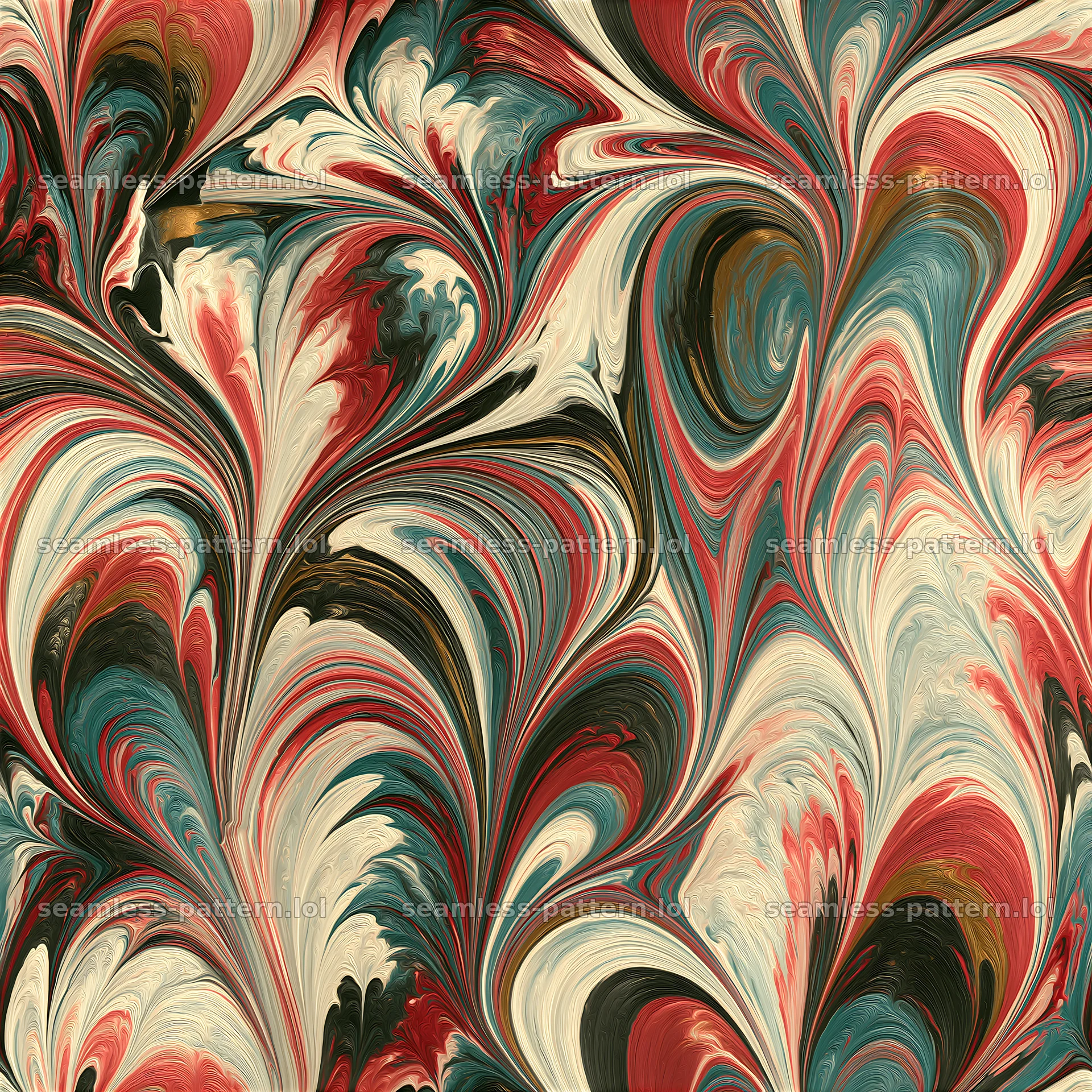 Multicolor marbling seamless texture with swirling patterns in red and teal — seamless tileable pattern at 8192x8192