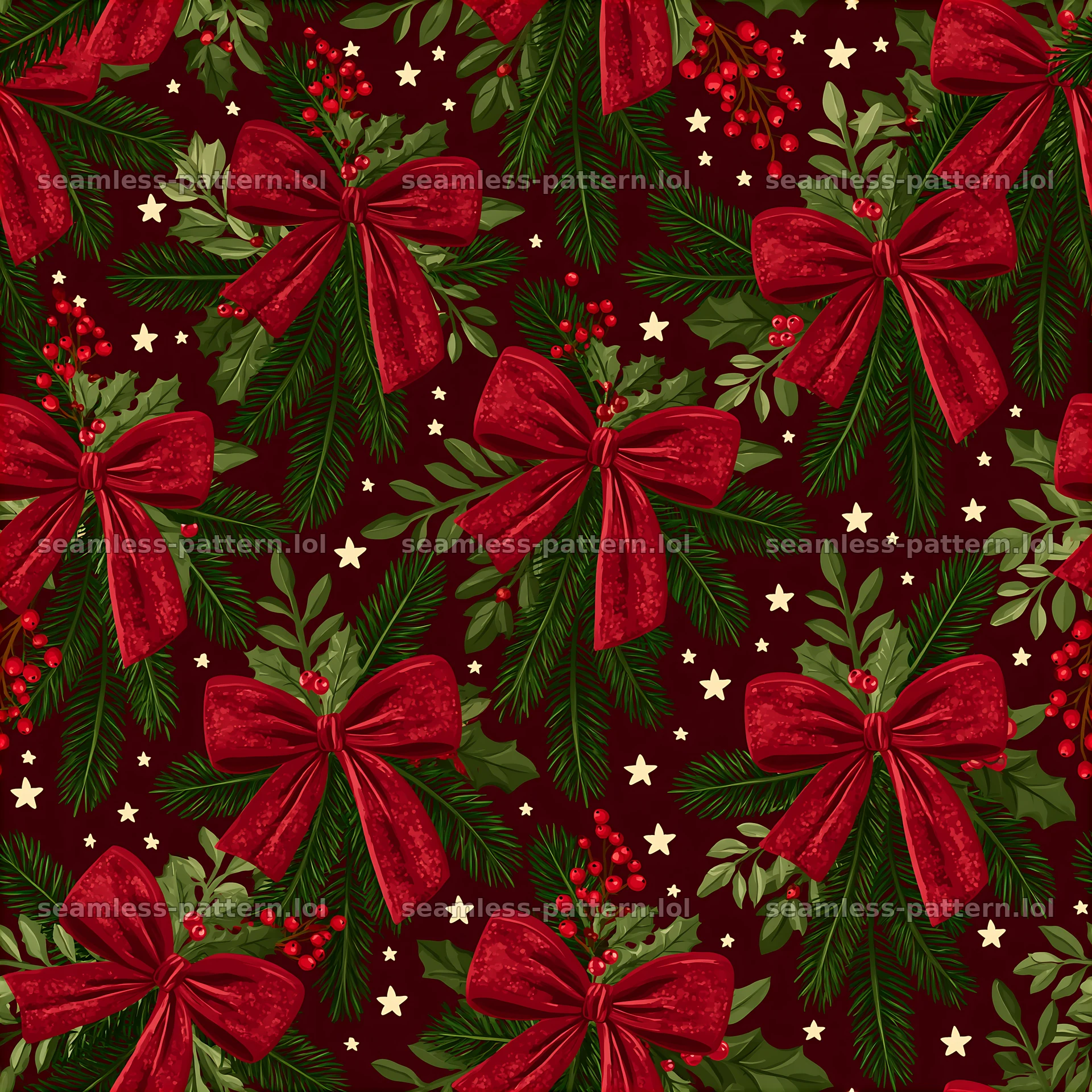 Seamless red and green Christmas pattern featuring bows and pine — seamless tileable pattern at 8192x8192