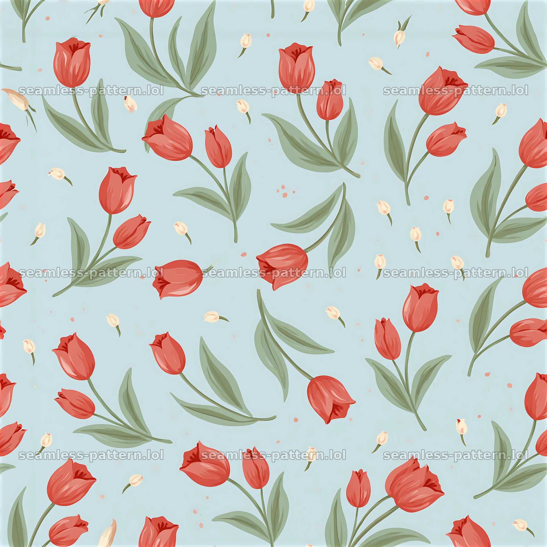 Tulip repeating pattern with green leaves on light blue background — seamless tileable pattern at 8192x8192