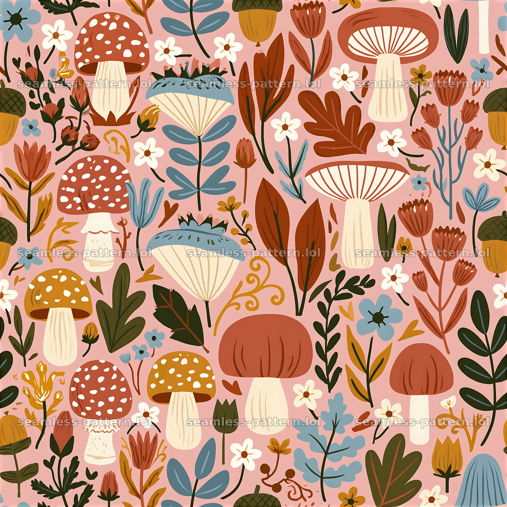 Colorful folk art seamless pattern with mushrooms and flowers — seamless tileable pattern at 8192x8192