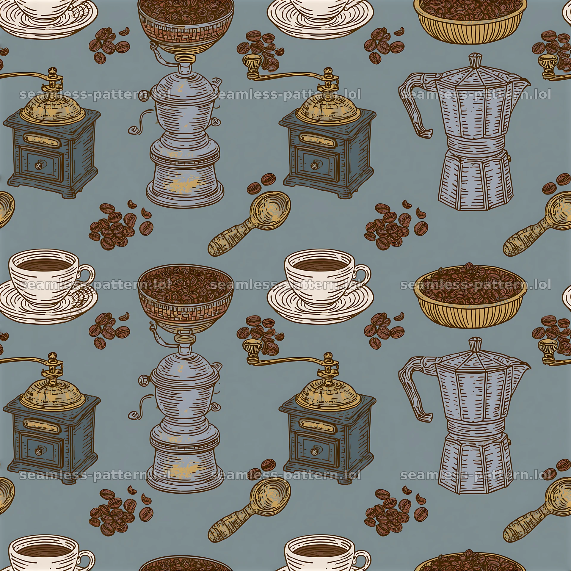 Seamless coffee line art pattern with coffee tools and cups — seamless tileable pattern at 8192x8192