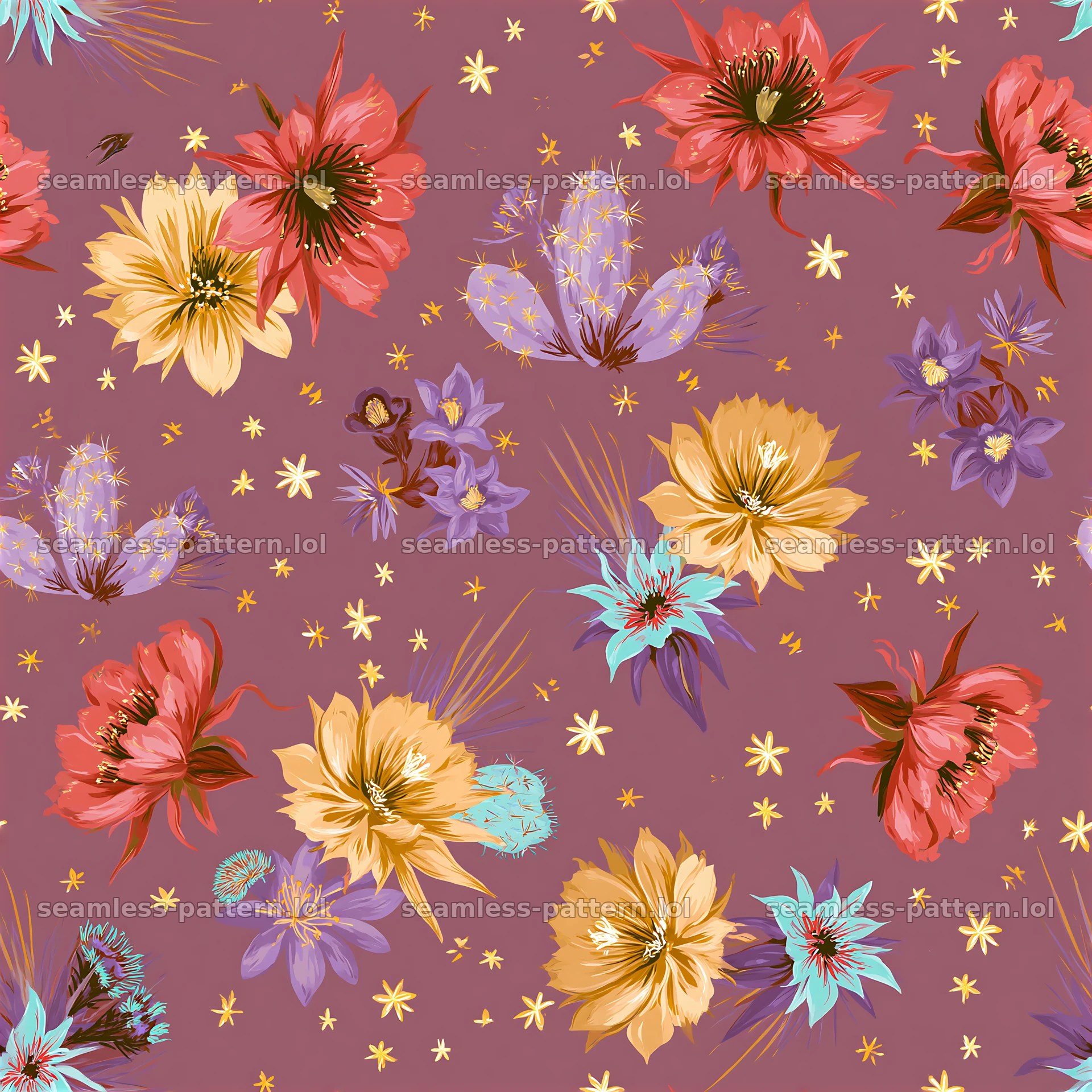 Vivid desert blooms seamless pattern with colorful flowers and plants — seamless tileable pattern at 8192x8192