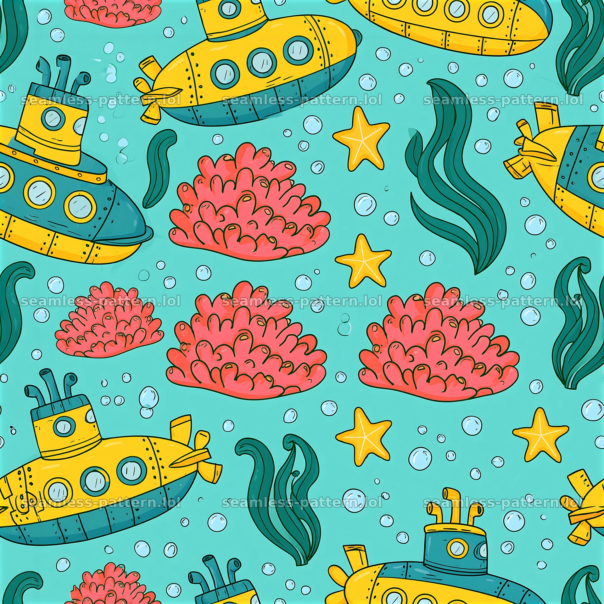 Colorful submarine seamless pattern for kids with coral and bubbles — seamless tileable pattern at 8192x8192