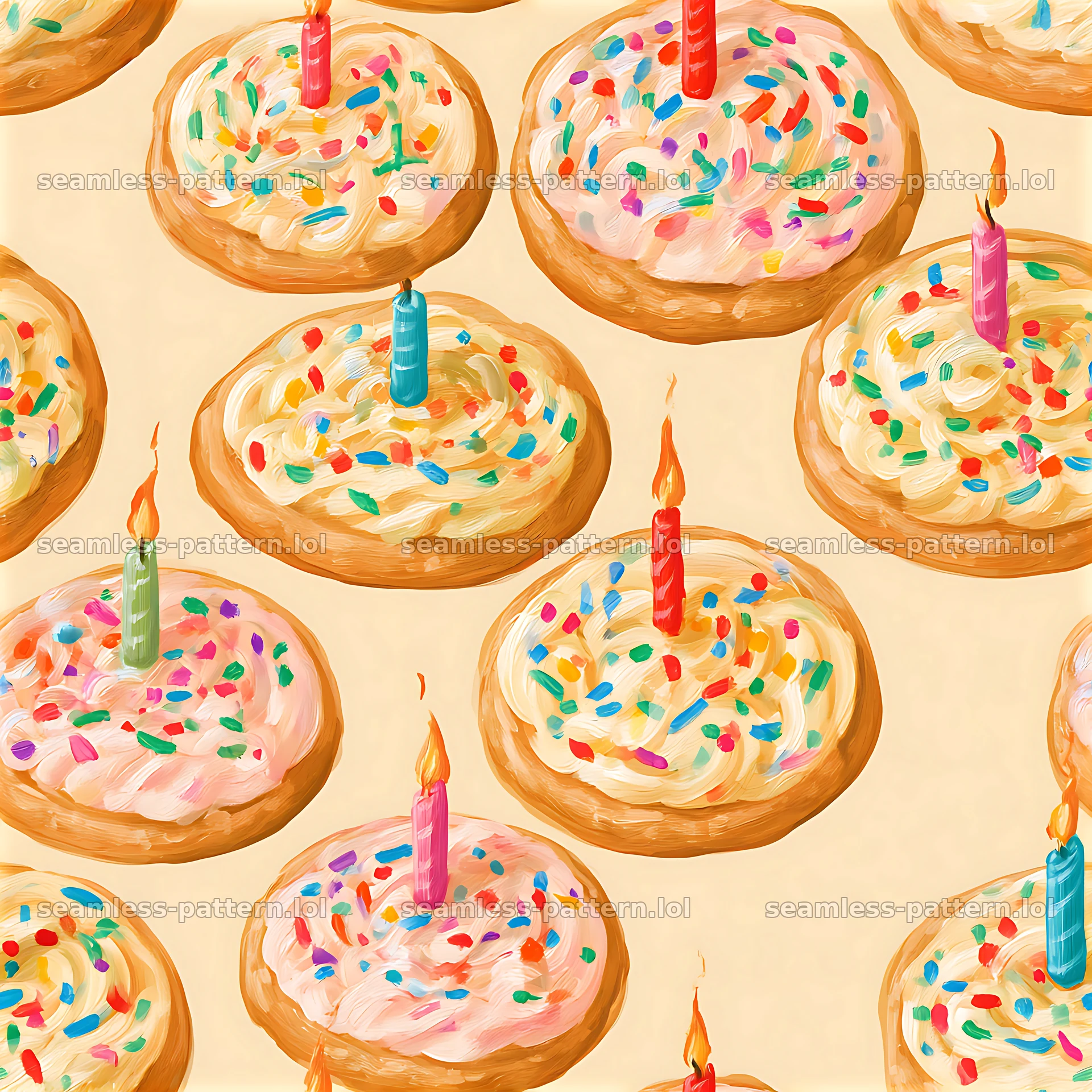 Birthday cookies seamless pattern with candles and colorful sprinkles — seamless tileable pattern at 8192x8192