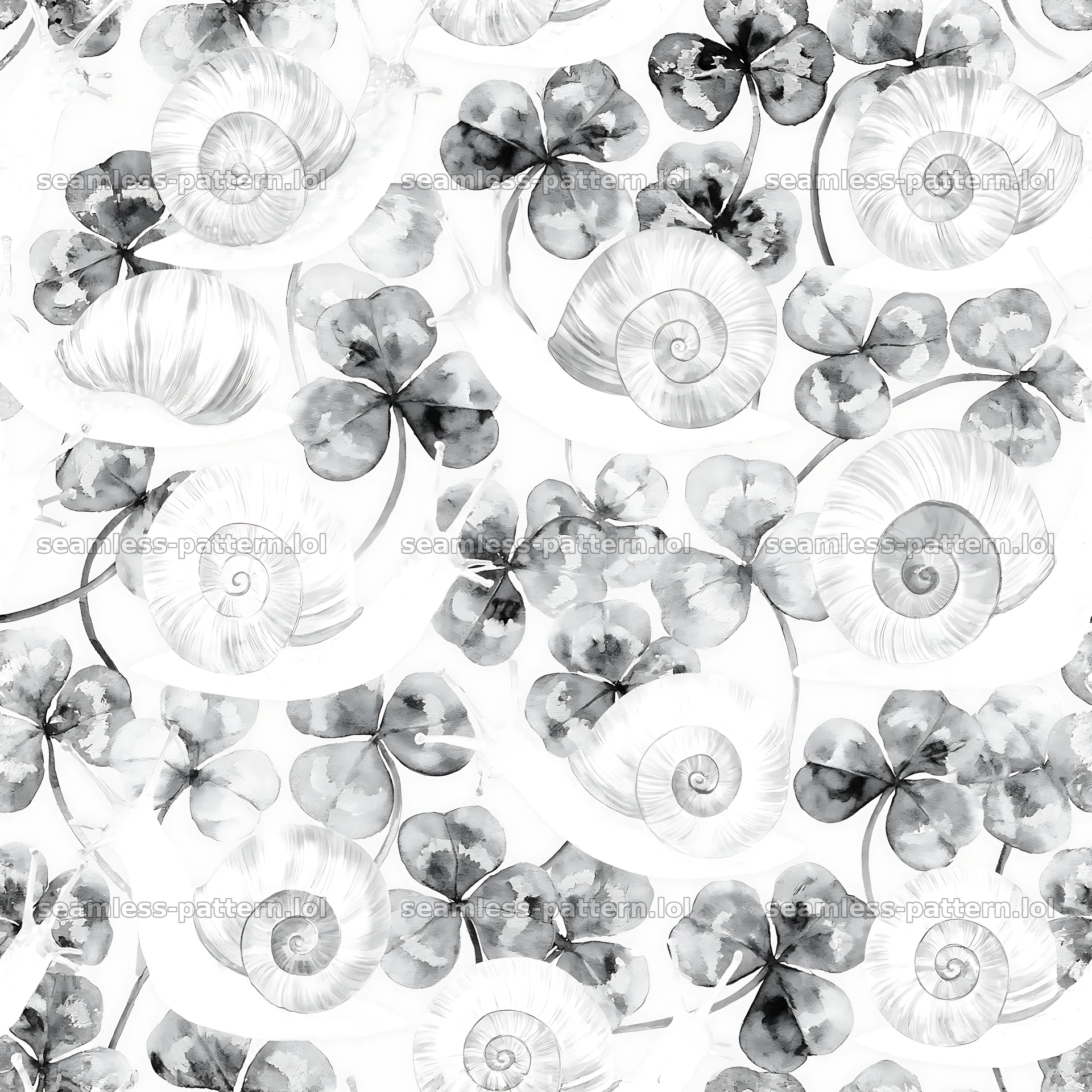 Seamless pattern of snails and clover leaves in black and white — seamless tileable pattern