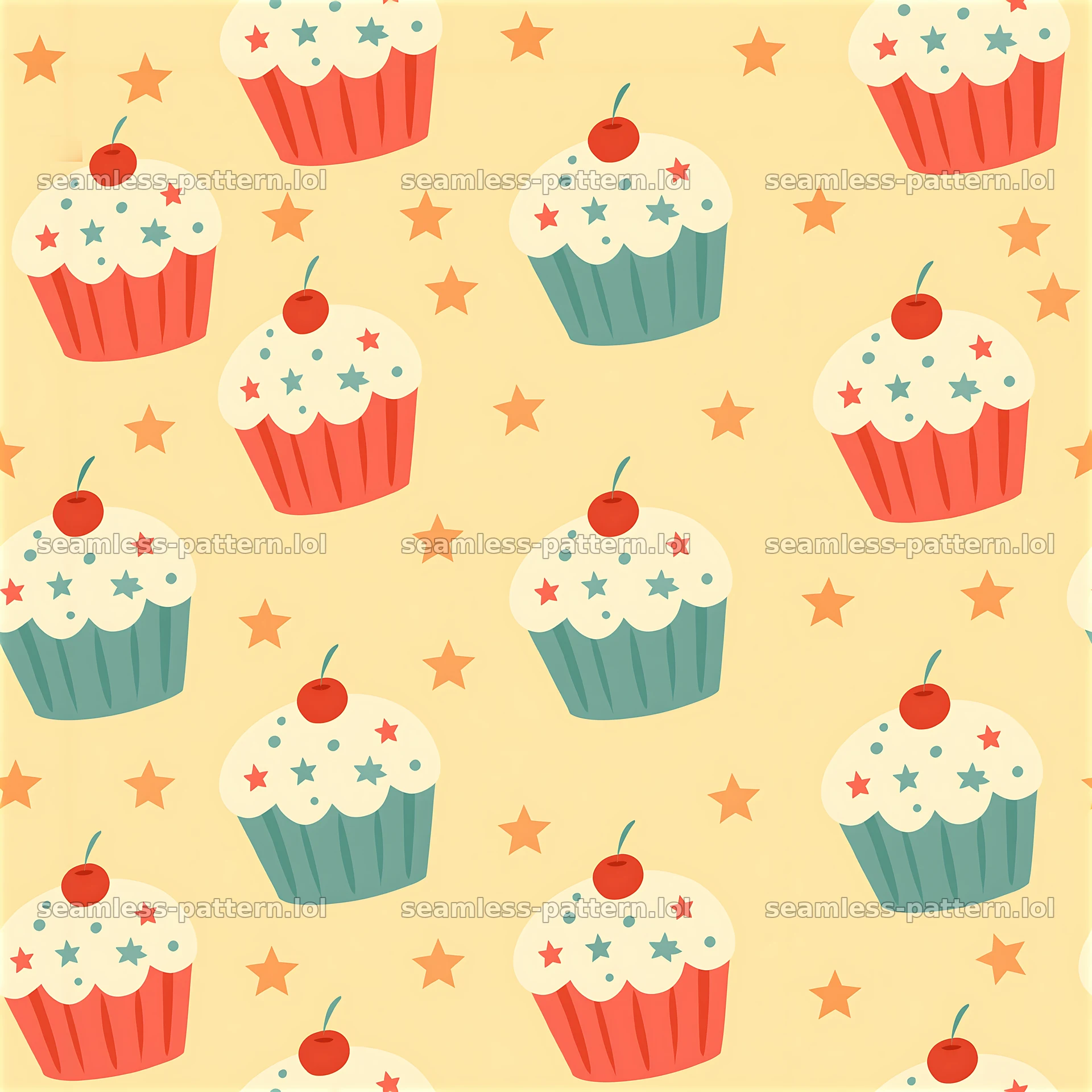 Cute cupcake seamless pattern for kids with colorful cupcakes and stars — seamless tileable pattern at 8192x8192