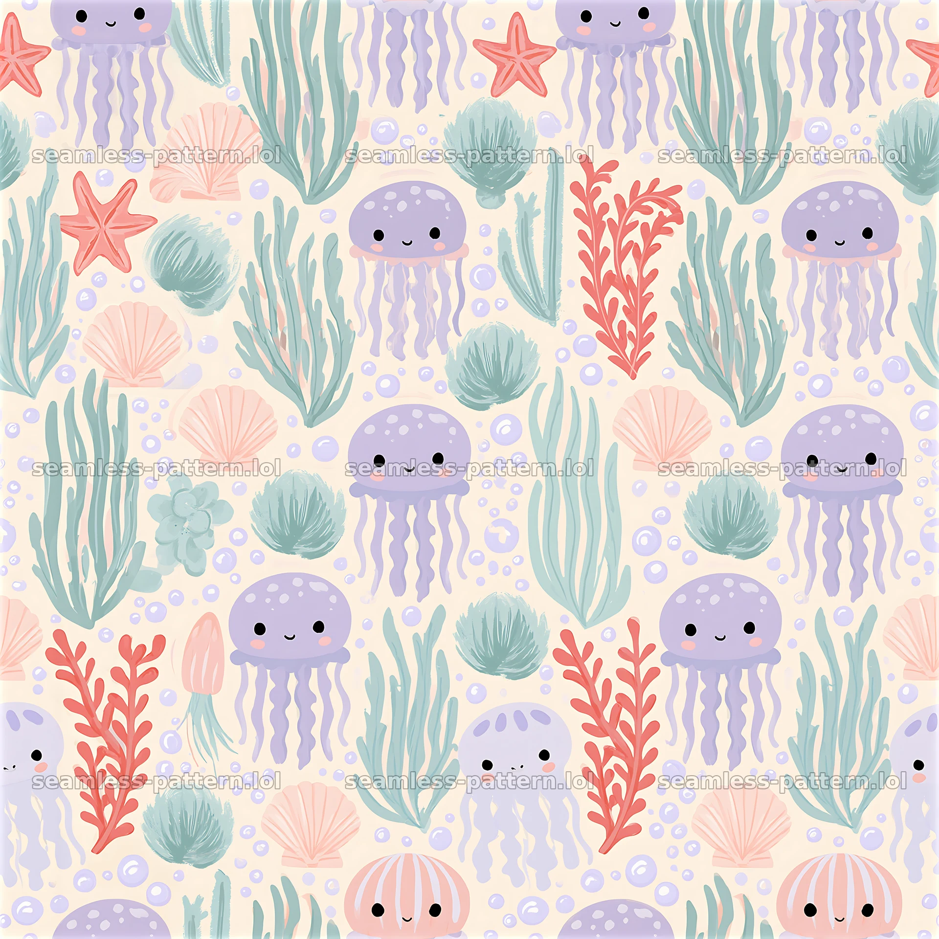 Cute beach motifs seamless pattern with jellyfish and seashells — seamless tileable pattern at 8192x8192