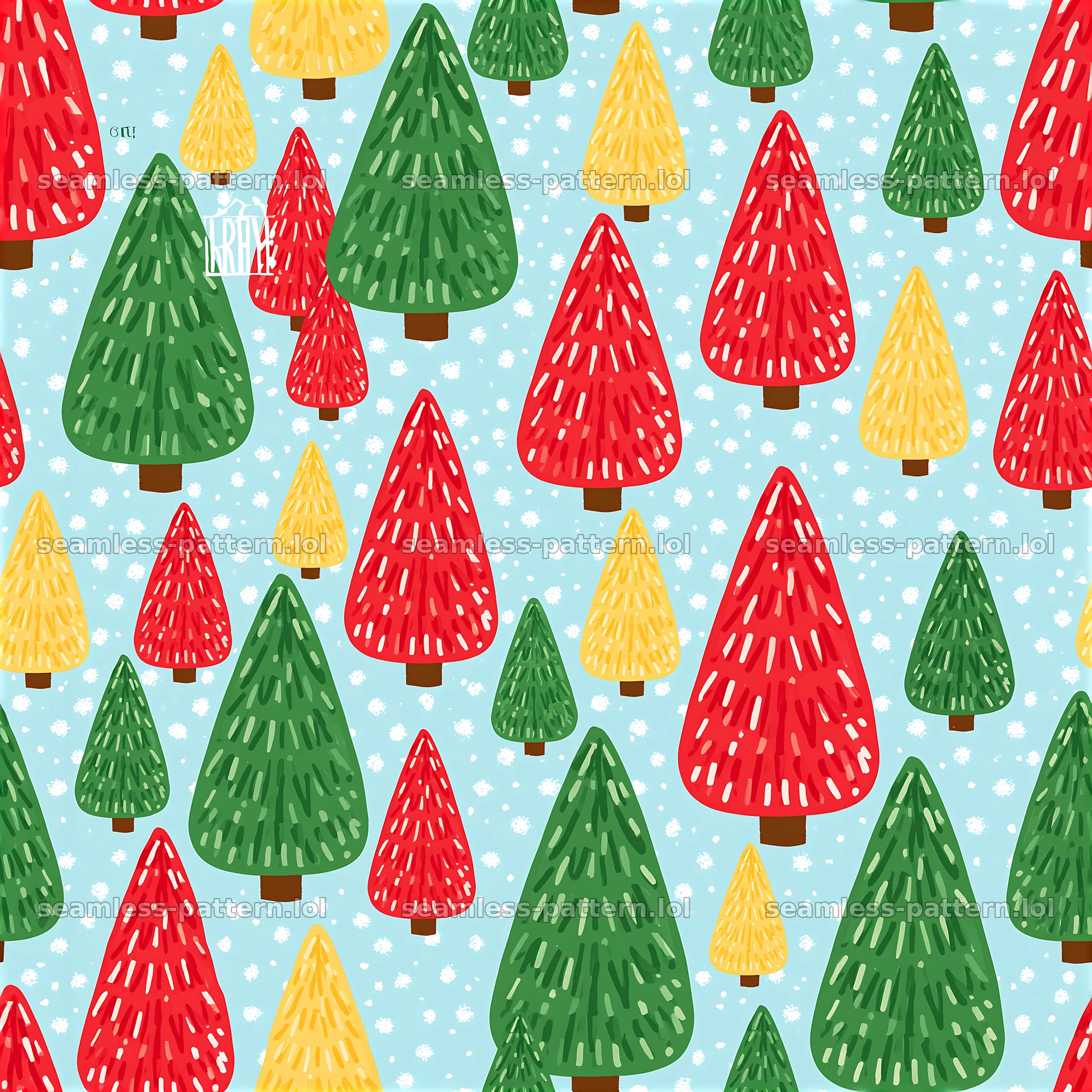 Seamless Christmas tree pattern with colorful trees on light blue background — seamless tileable pattern at 8192x8192