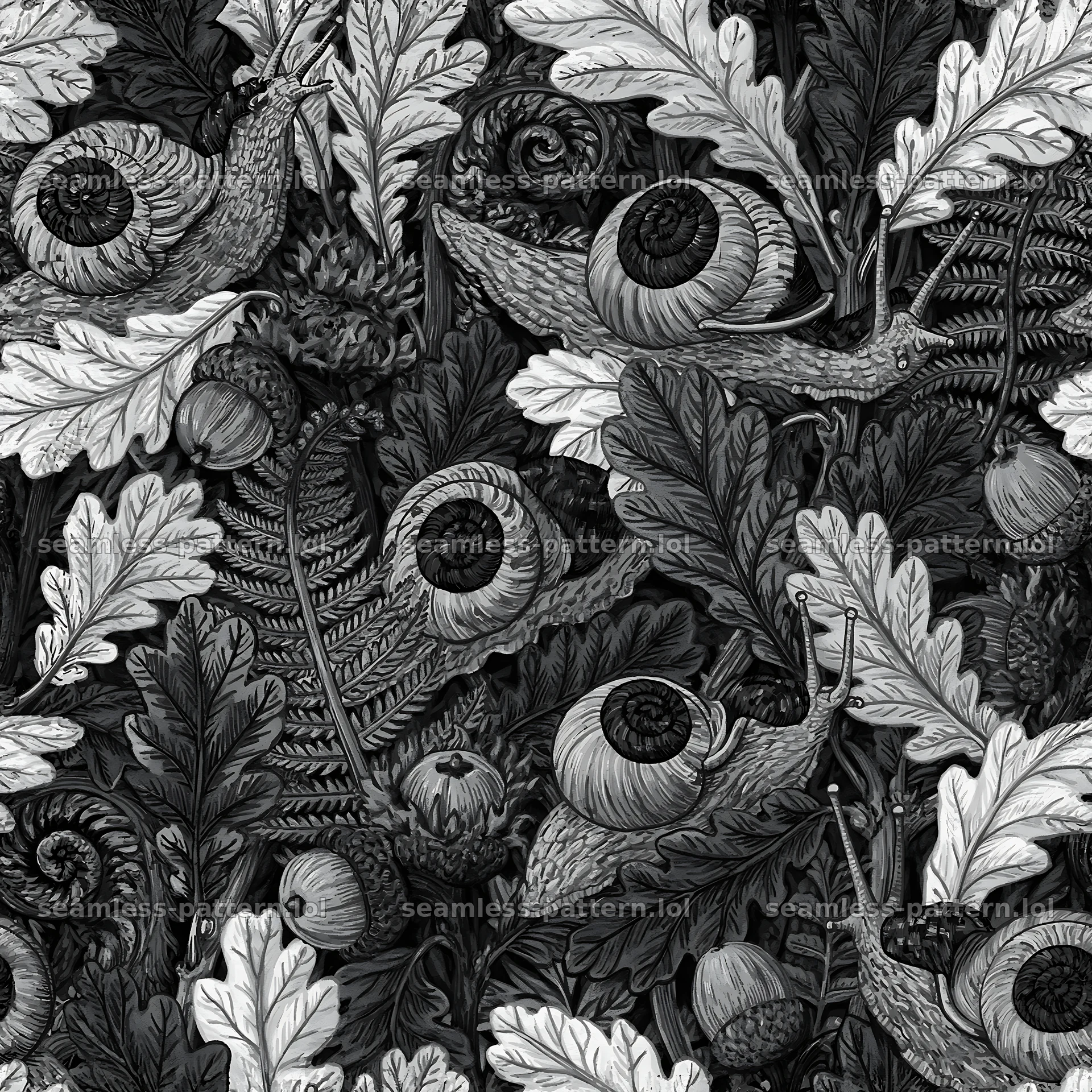 Red snail and foliage repeat pattern — seamless tileable pattern