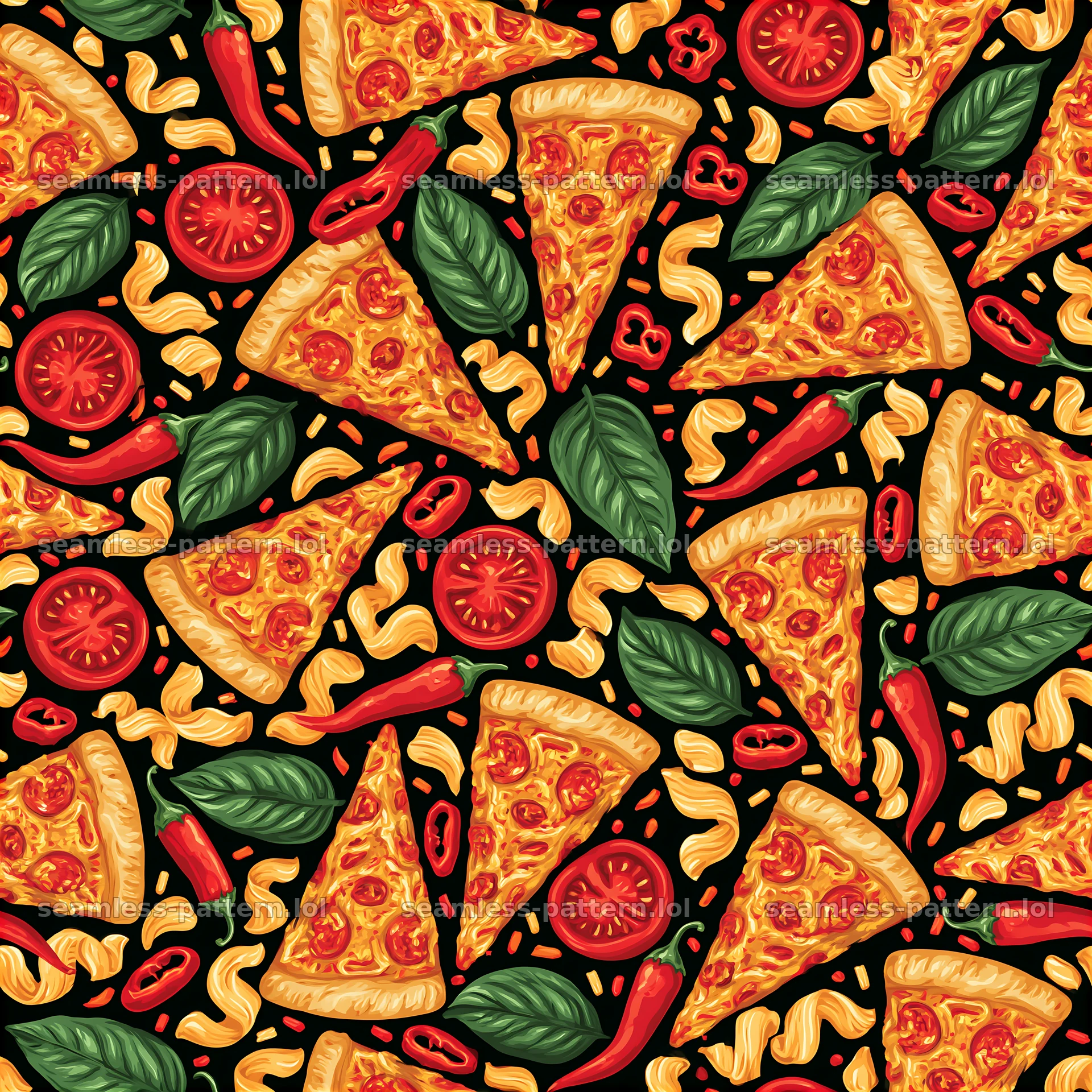 Seamless wallpaper pizza pattern with tomatoes and greens on black background — seamless tileable pattern at 8192x8192