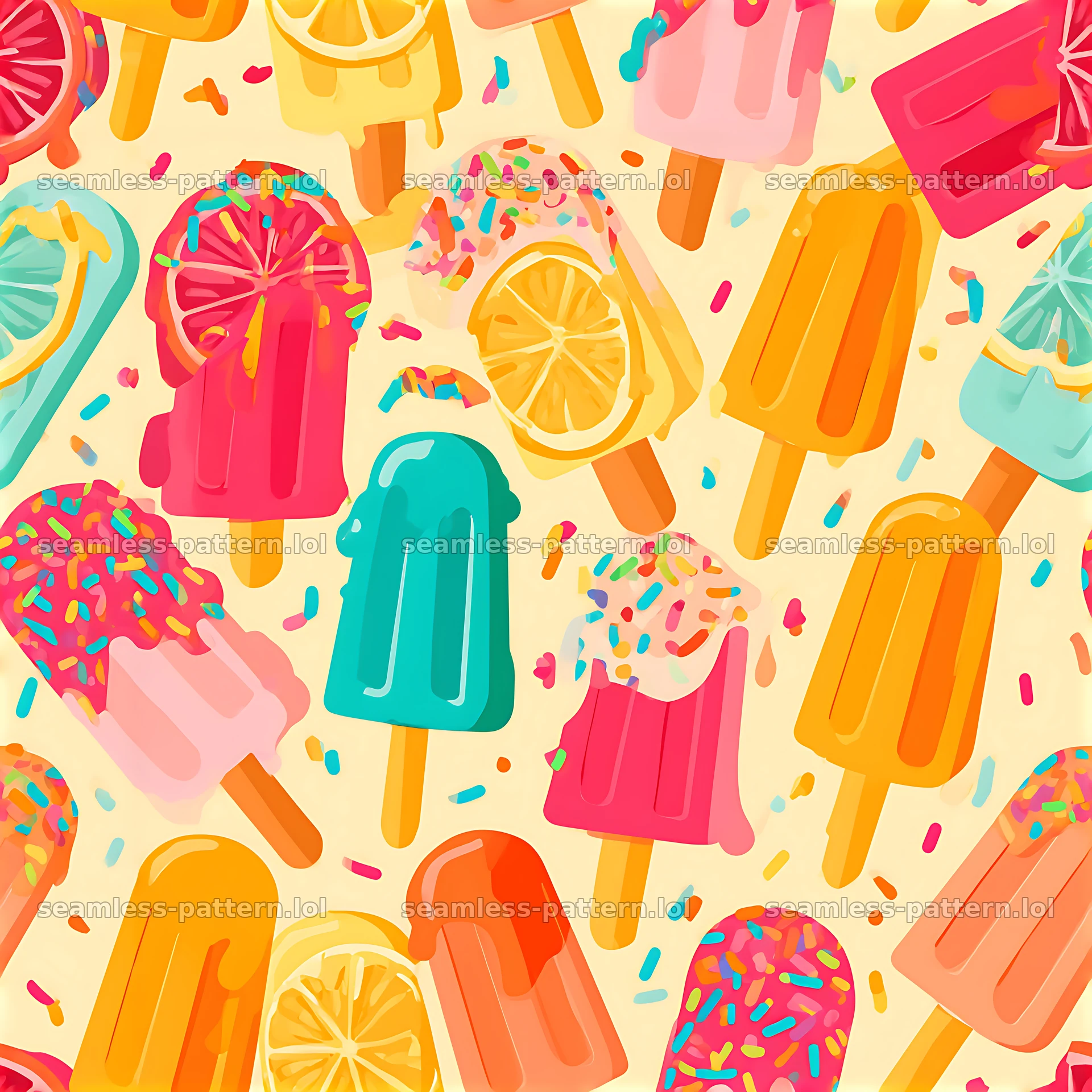Colorful ice cream seamless pattern with popsicles and sprinkles — seamless tileable pattern at 8192x8192