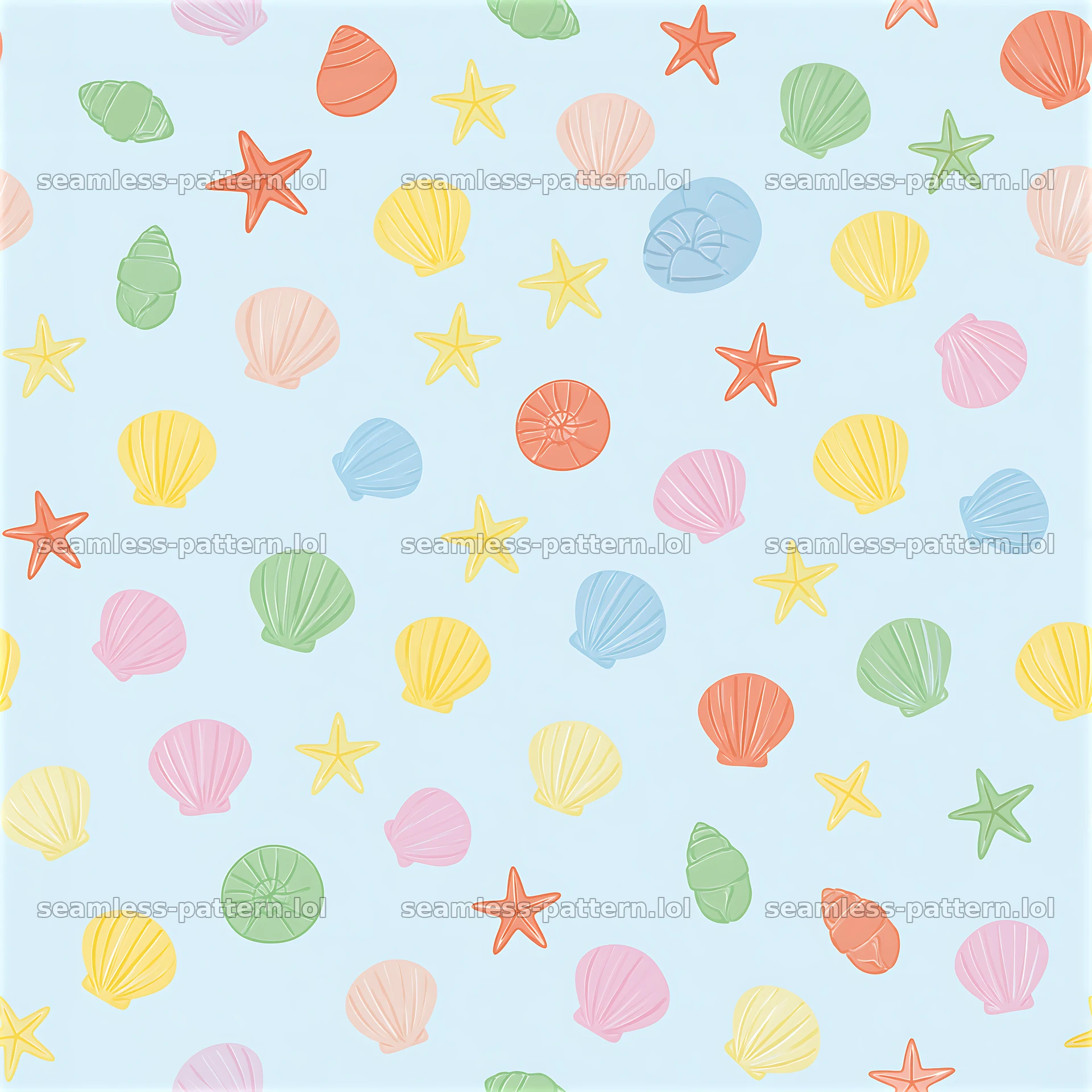 Colorful seashells and starfish seamless pattern — seamless tileable pattern at 8192x8192