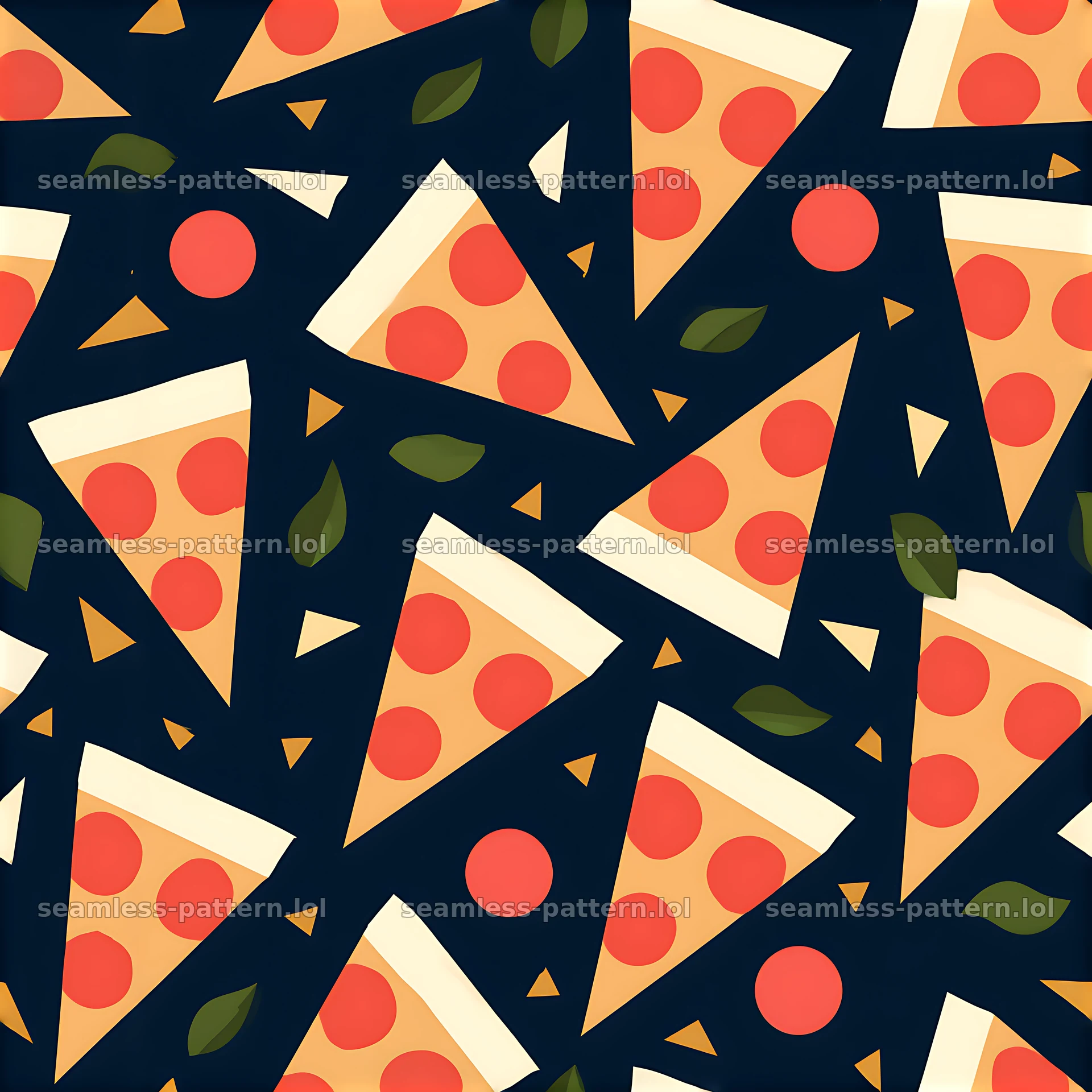 Seamless delicious pizza pattern with pizza slices and green leaves — seamless tileable pattern at 8192x8192