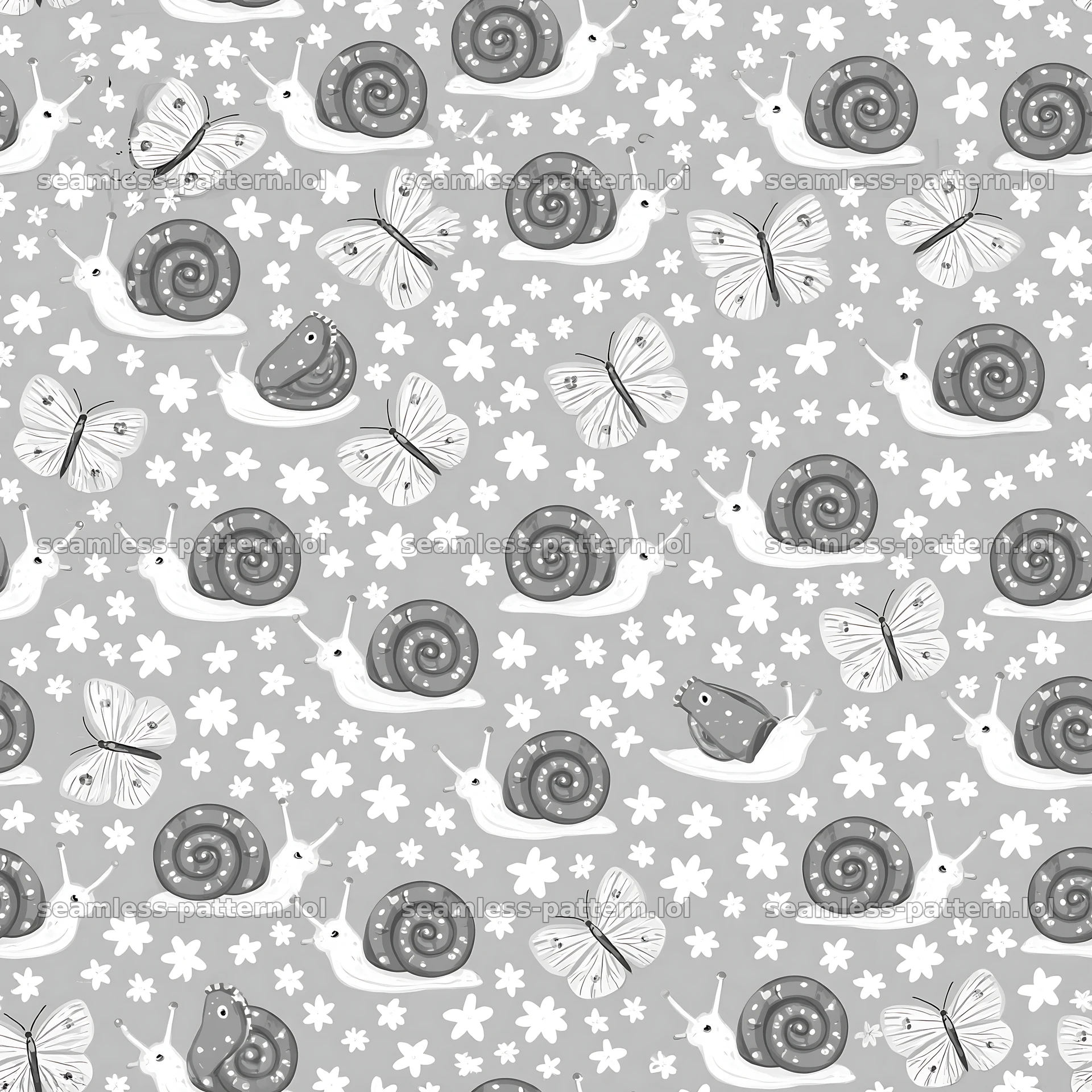 Red snail pattern with butterflies, repeating pattern — seamless tileable pattern