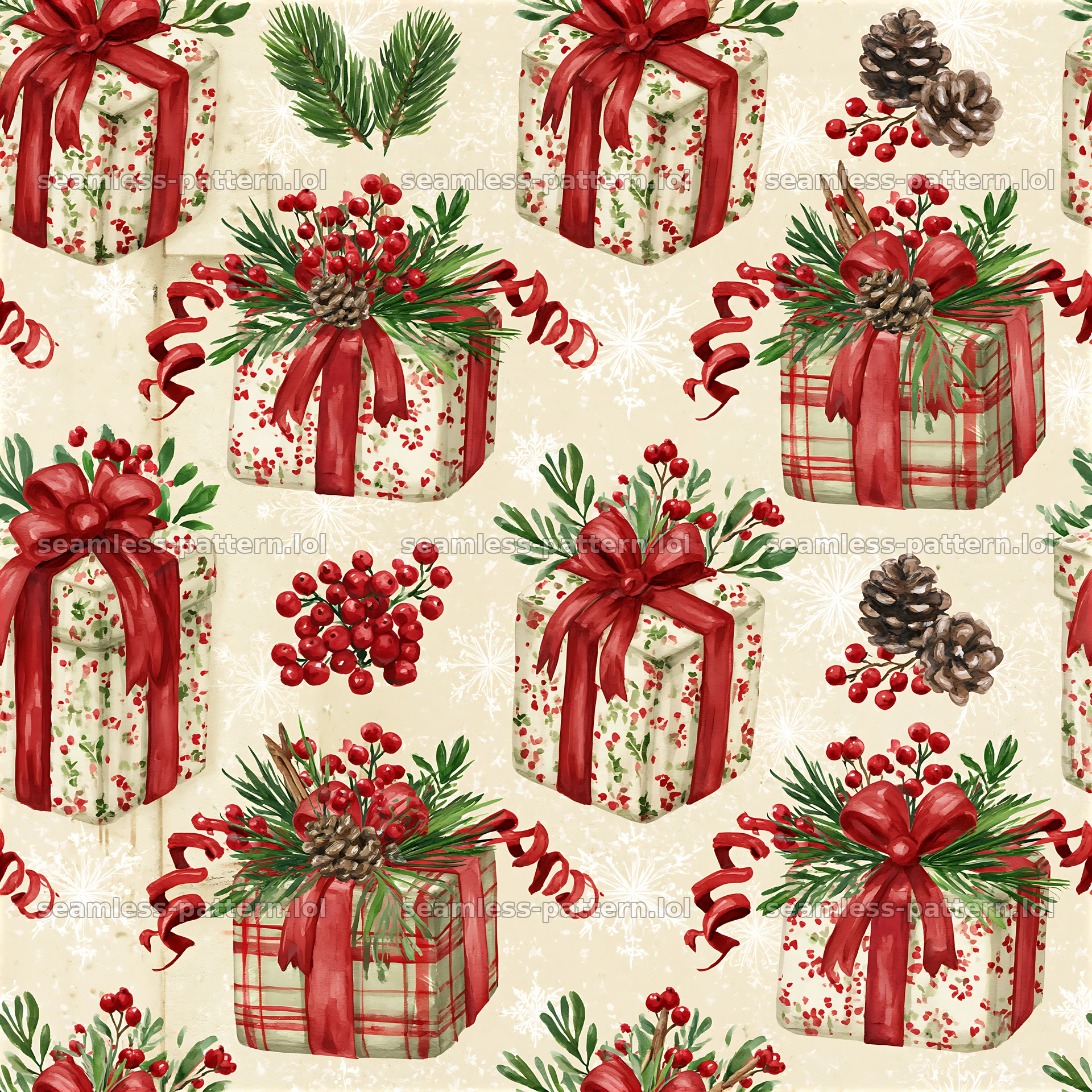 Tileable pattern with festive wrapped presents and winter decorations — seamless tileable pattern at 8192x8192