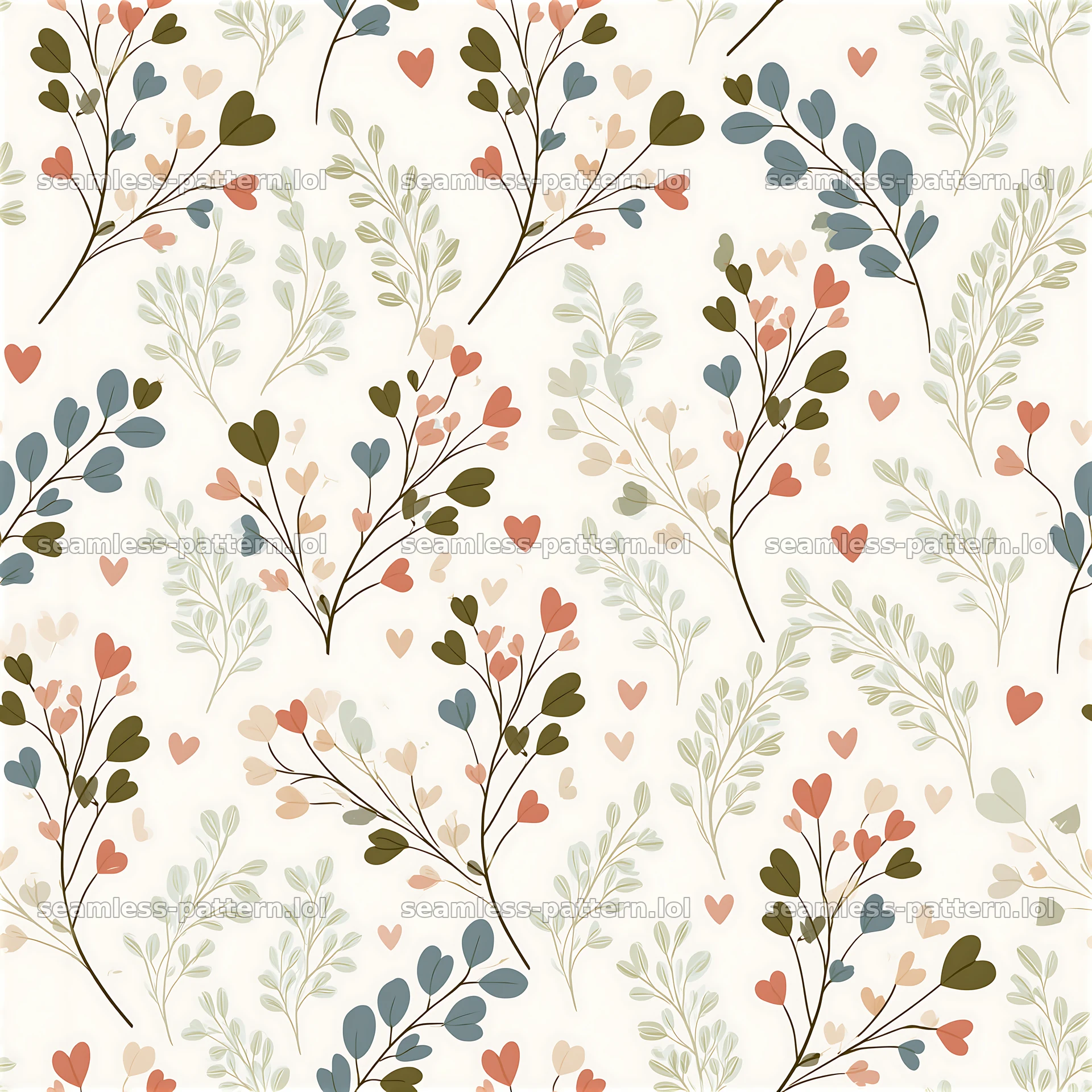 Seamless botanical heart pattern with leaves and soft colors — seamless tileable pattern at 8192x8192