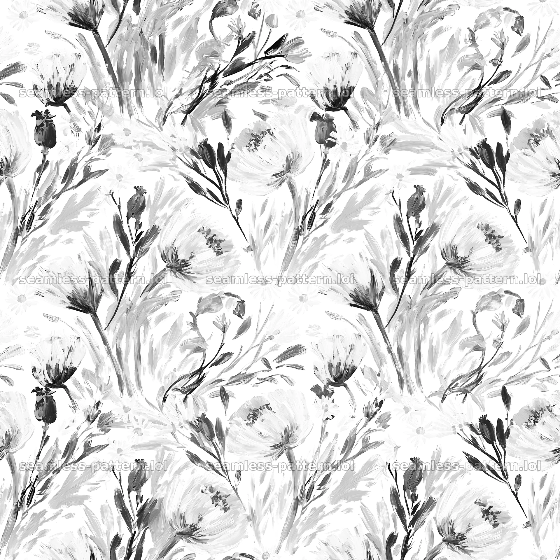 Repeat wildflower brushstroke pattern in black and white — seamless tileable pattern