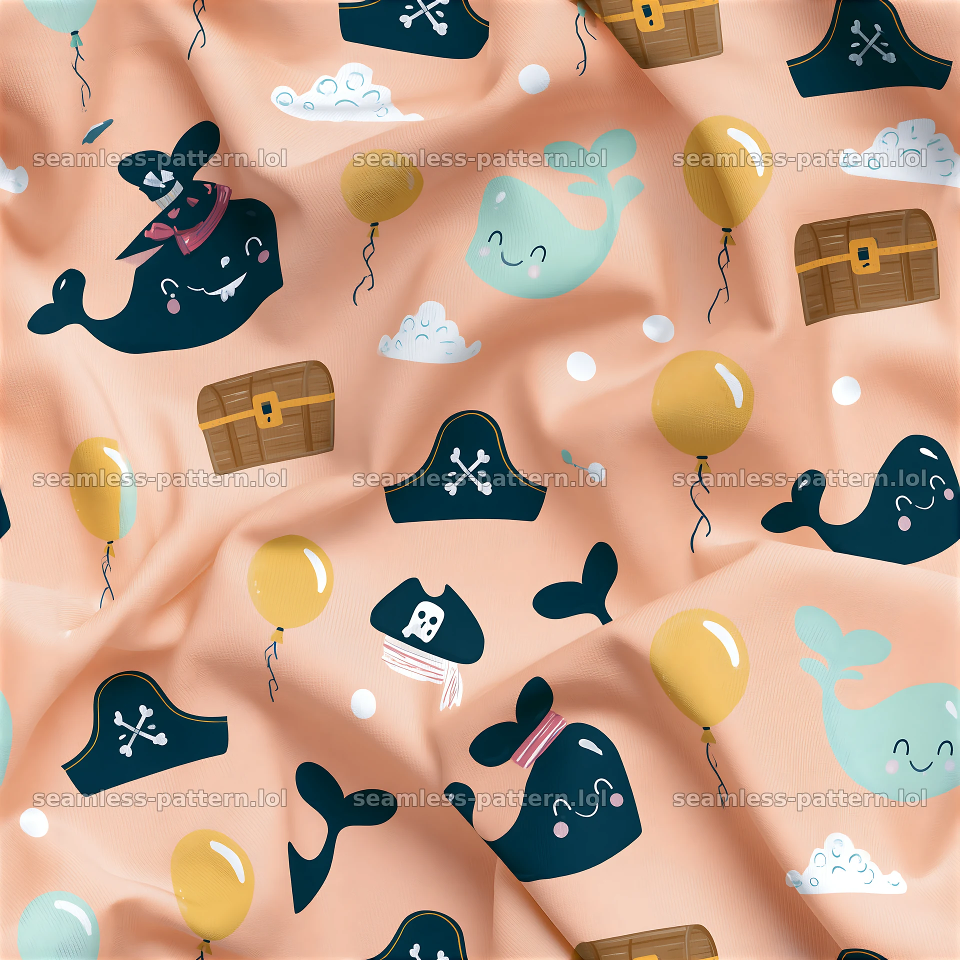 Birthday pirate party seamless pattern with whales and treasure chests — seamless tileable pattern at 8192x8192