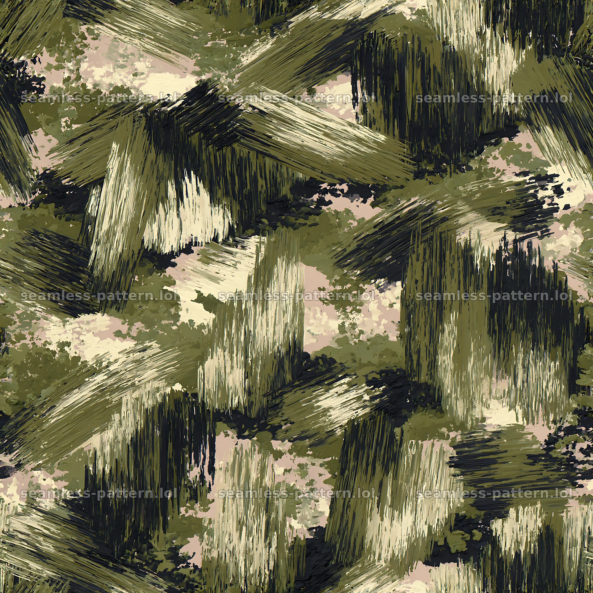Seamless olive camouflage brushstroke pattern — seamless tileable pattern