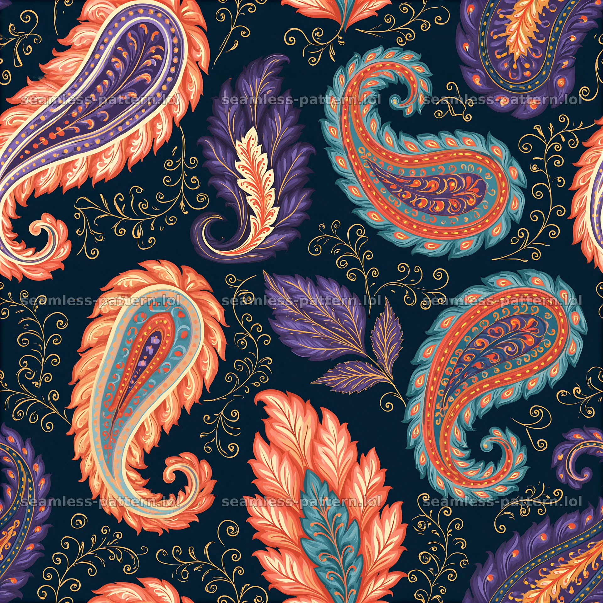 Colorful paisley seamless pattern with detailed leaf shapes — seamless tileable pattern at 8192x8192