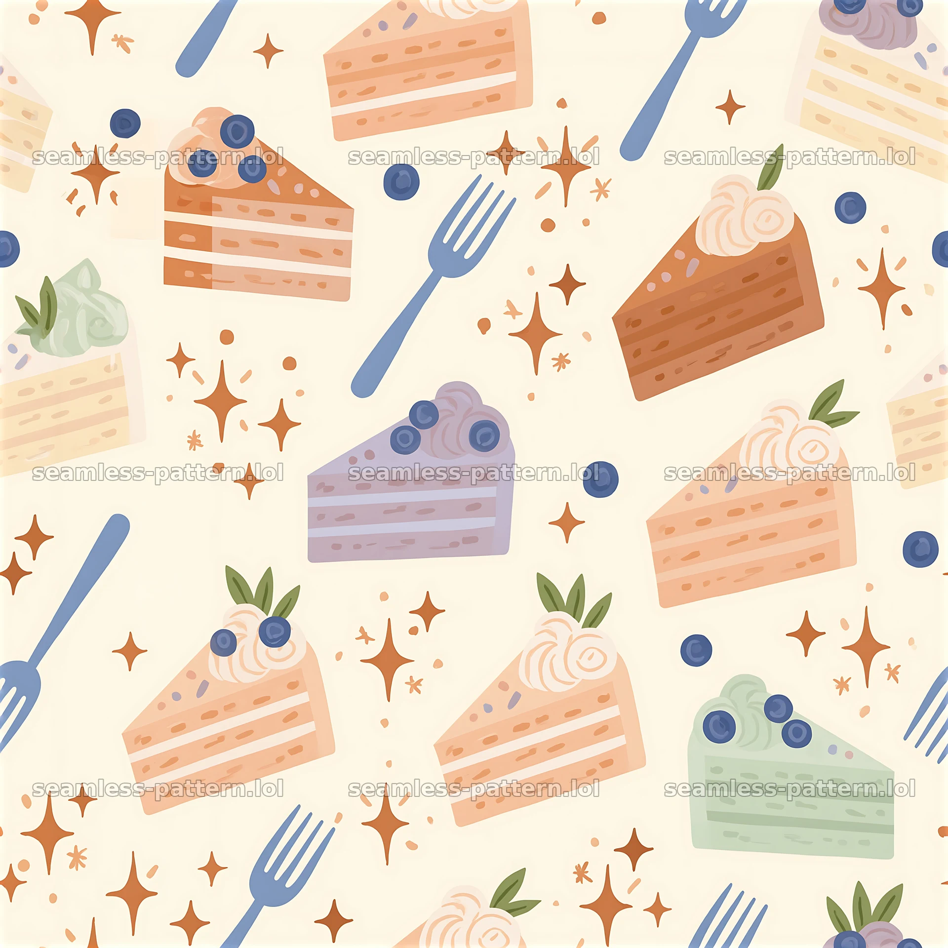 Birthday pastel seamless pattern with cake slices and forks — seamless tileable pattern at 8192x8192