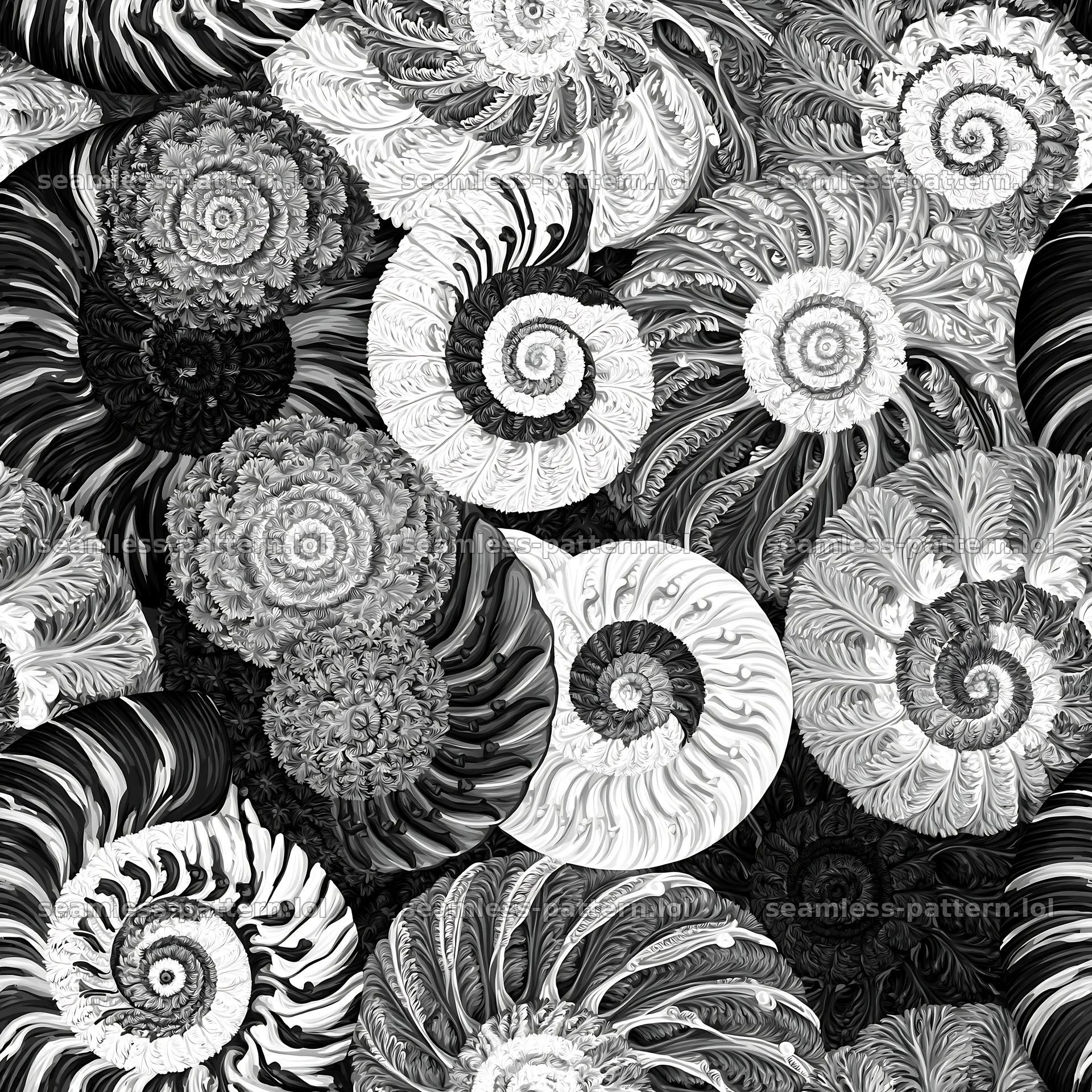 Seamless snail shell pattern with spirals in black and white — seamless tileable pattern