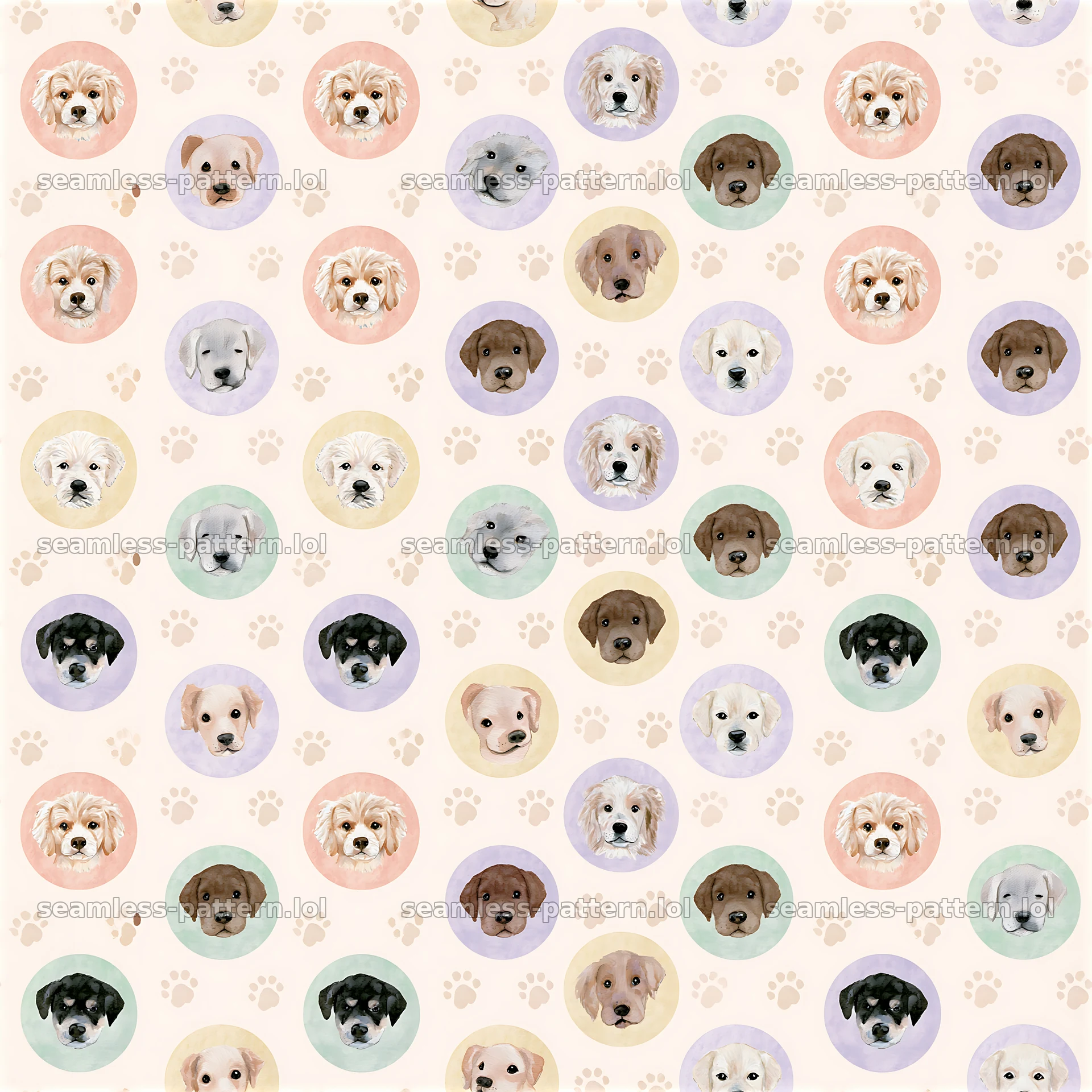 Repeating pattern of dog heads in circles on pastel backgrounds — seamless tileable pattern at 8192x8192