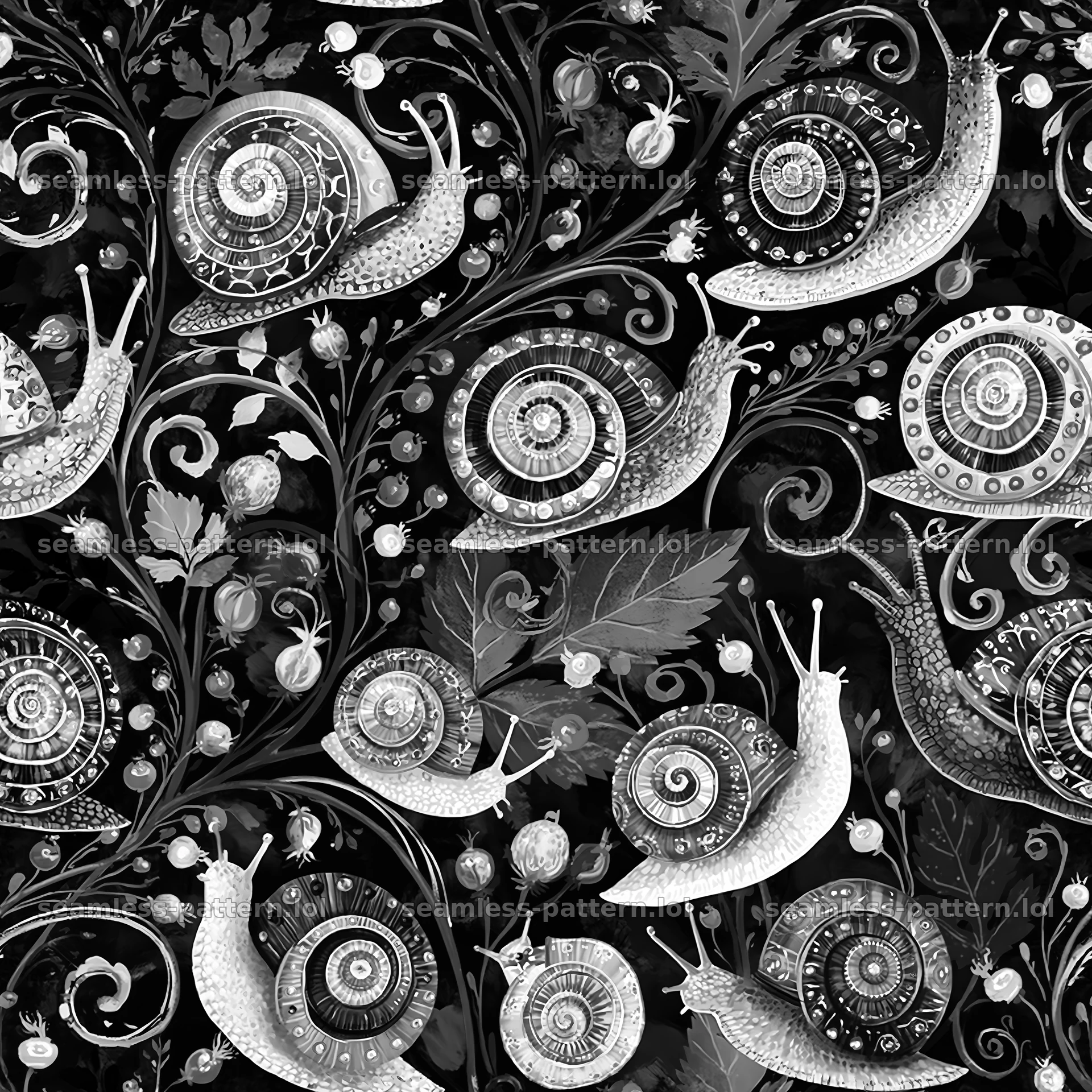 Repeating pattern of colorful garden snails — seamless tileable pattern