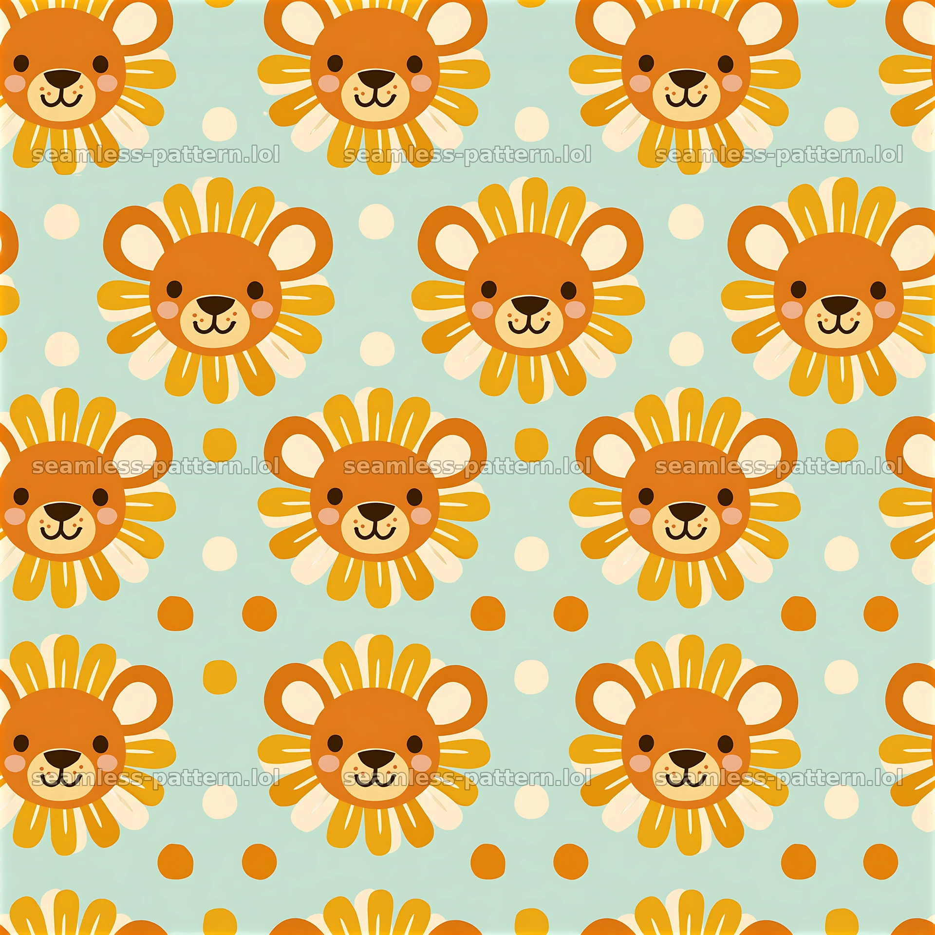 Safari nursery lion face repeat pattern with cheerful motifs — seamless tileable pattern at 8192x8192
