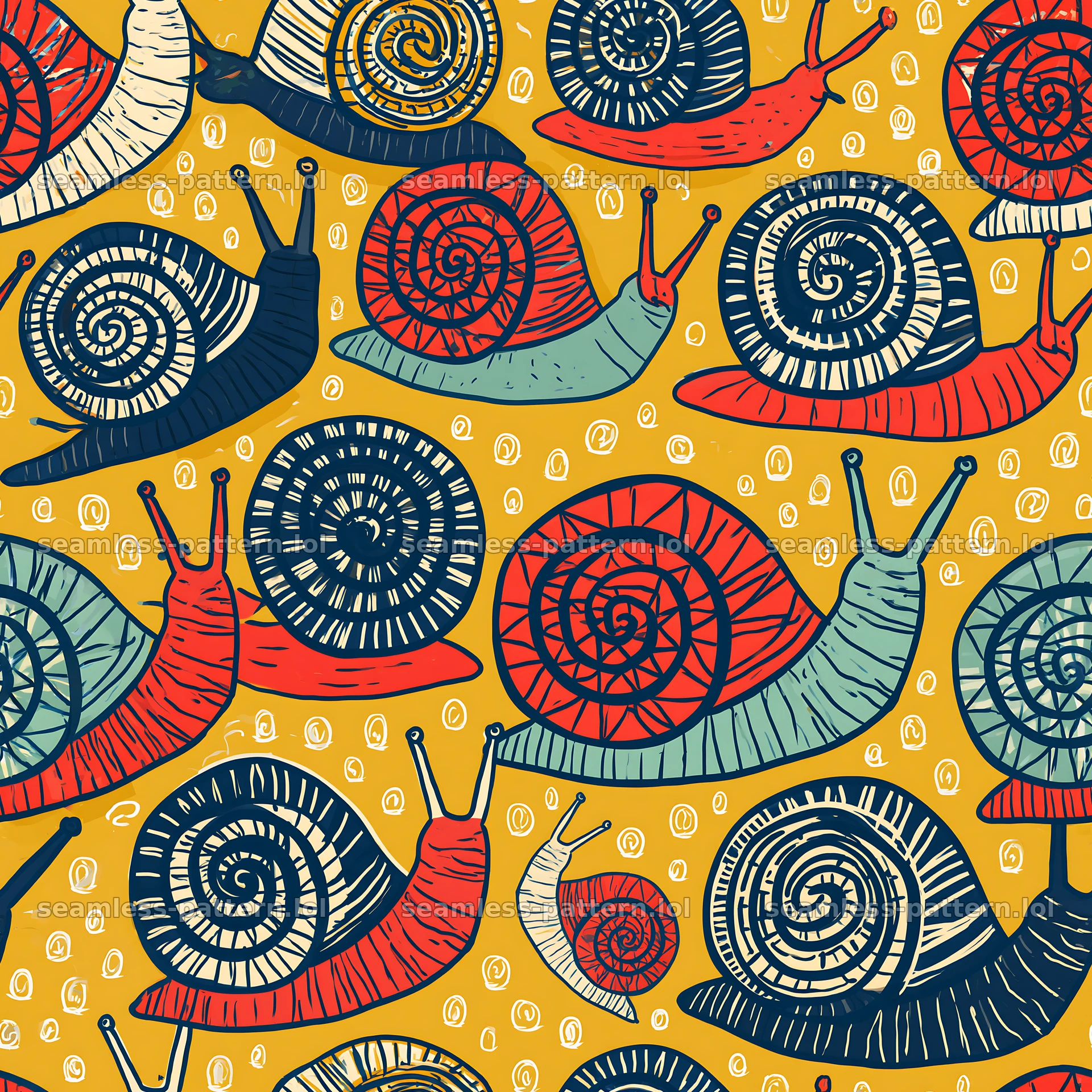 Repeating pattern of hand-drawn snails in bright colors — seamless tileable pattern