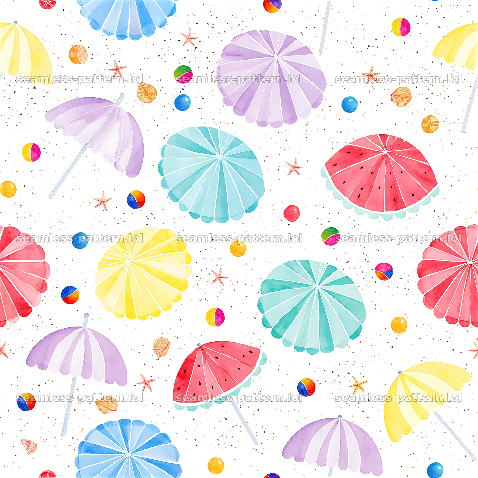 Colorful beach umbrellas tileable pattern with seashells and beach balls — seamless tileable pattern at 8192x8192