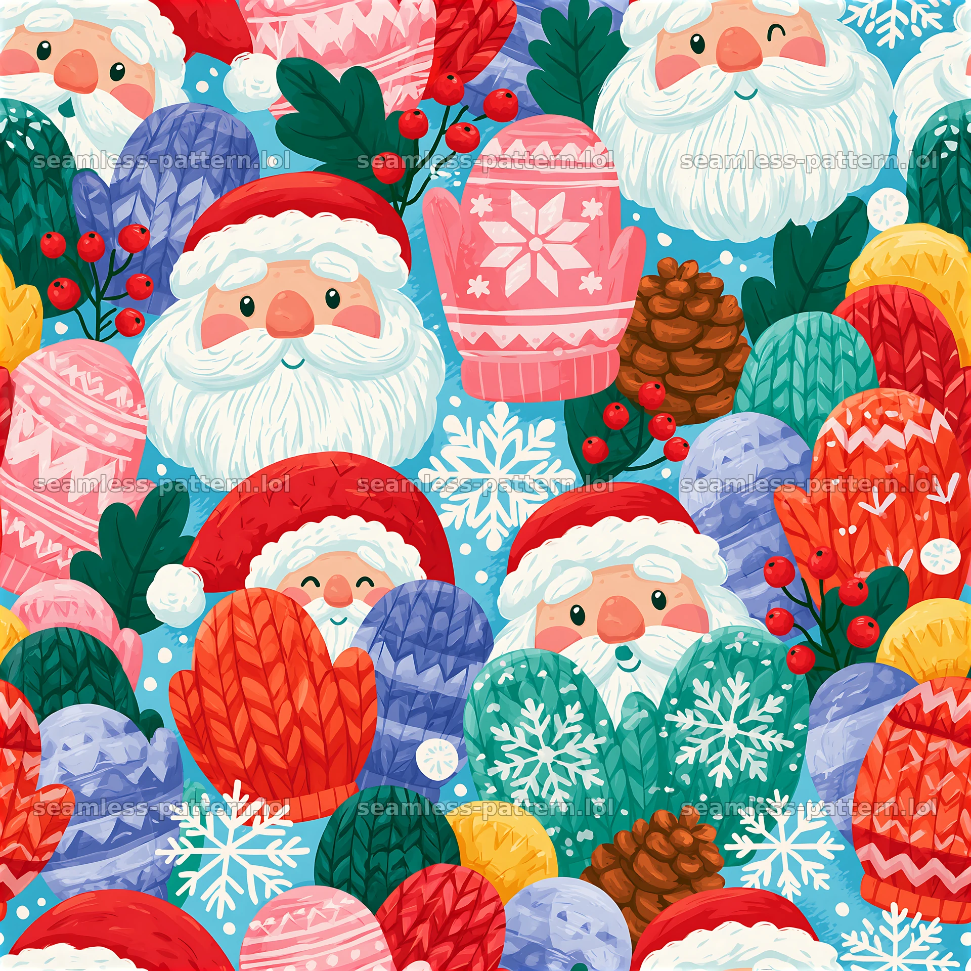 Santa Claus seamless pattern with winter mittens and colorful elements — seamless tileable pattern at 8192x8192