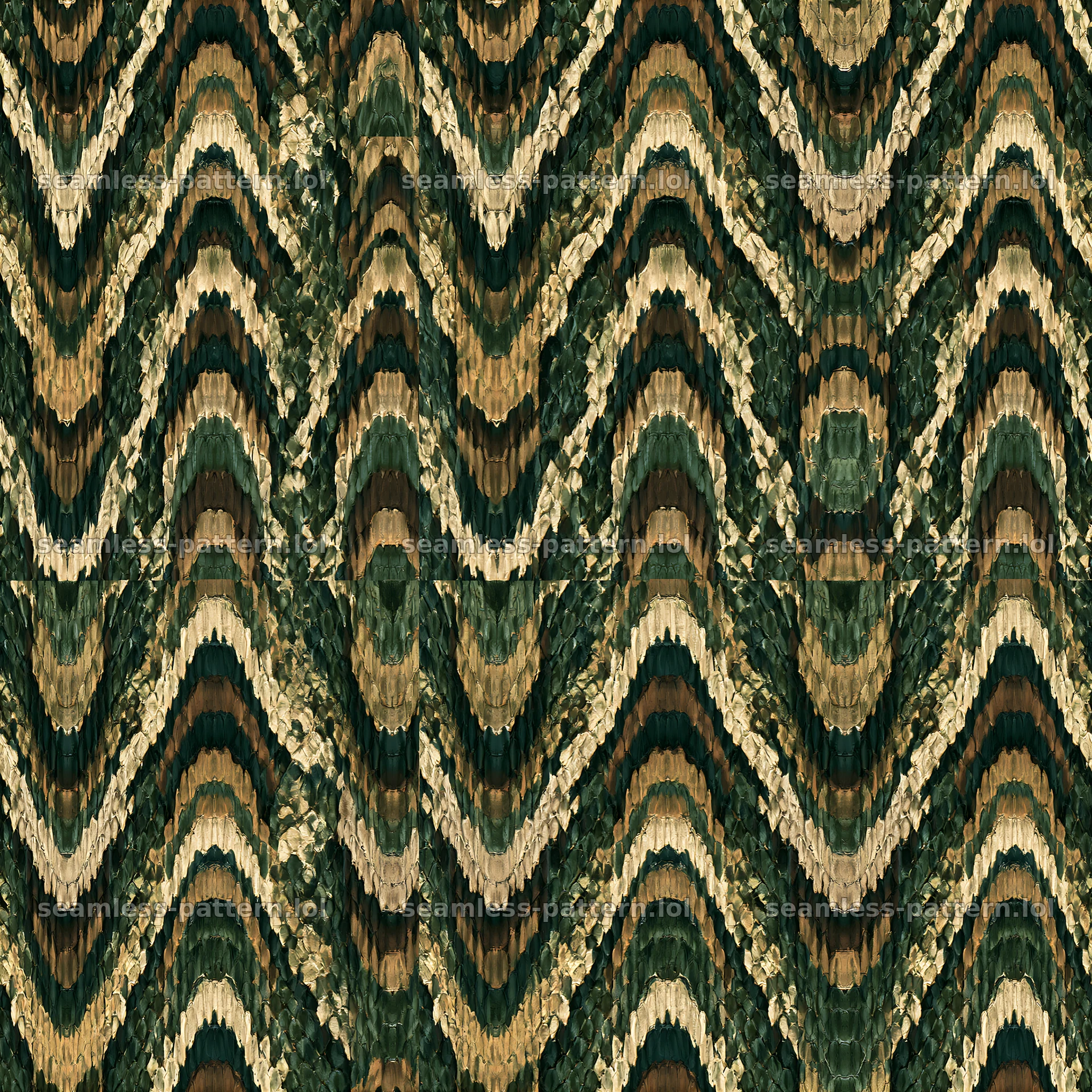 Seamless banded snake skin pattern in green and brown colors — seamless tileable pattern at 8192x8192
